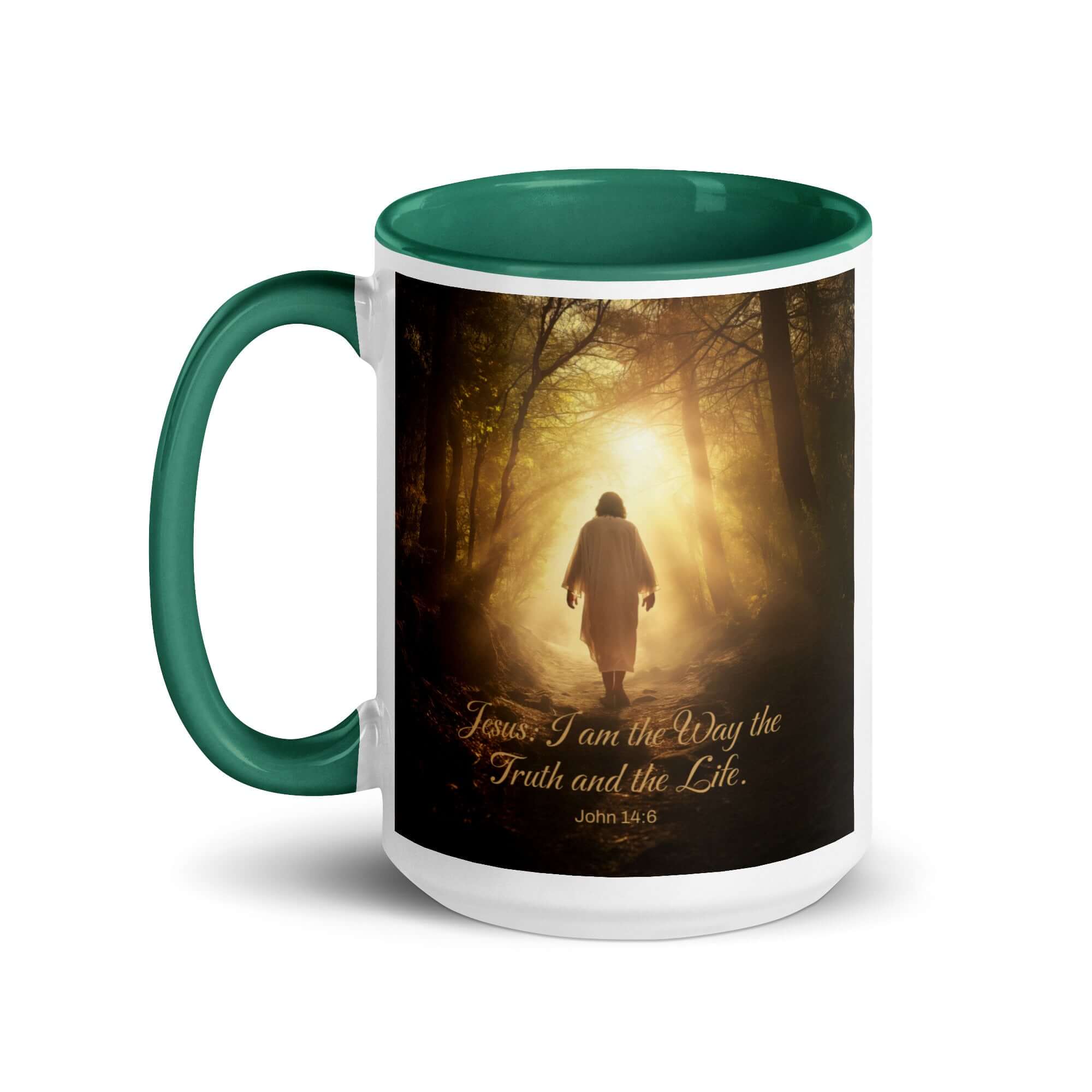 John 14:6 Bible Verse, Forest Image White Ceramic Mug with Color Inside