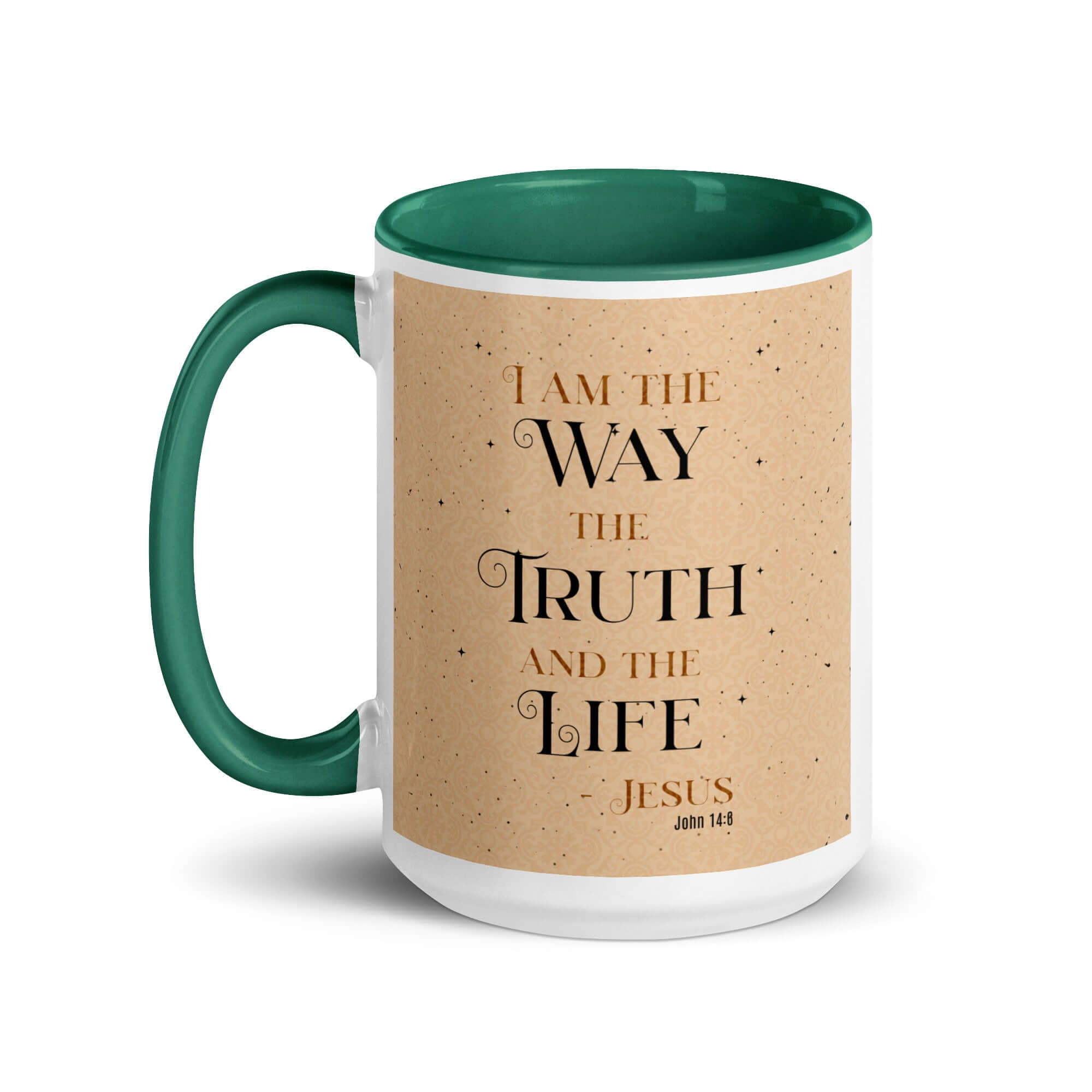 John 14:6 Bible Verse, Color Text Brown Background White Ceramic Mug with Color Inside