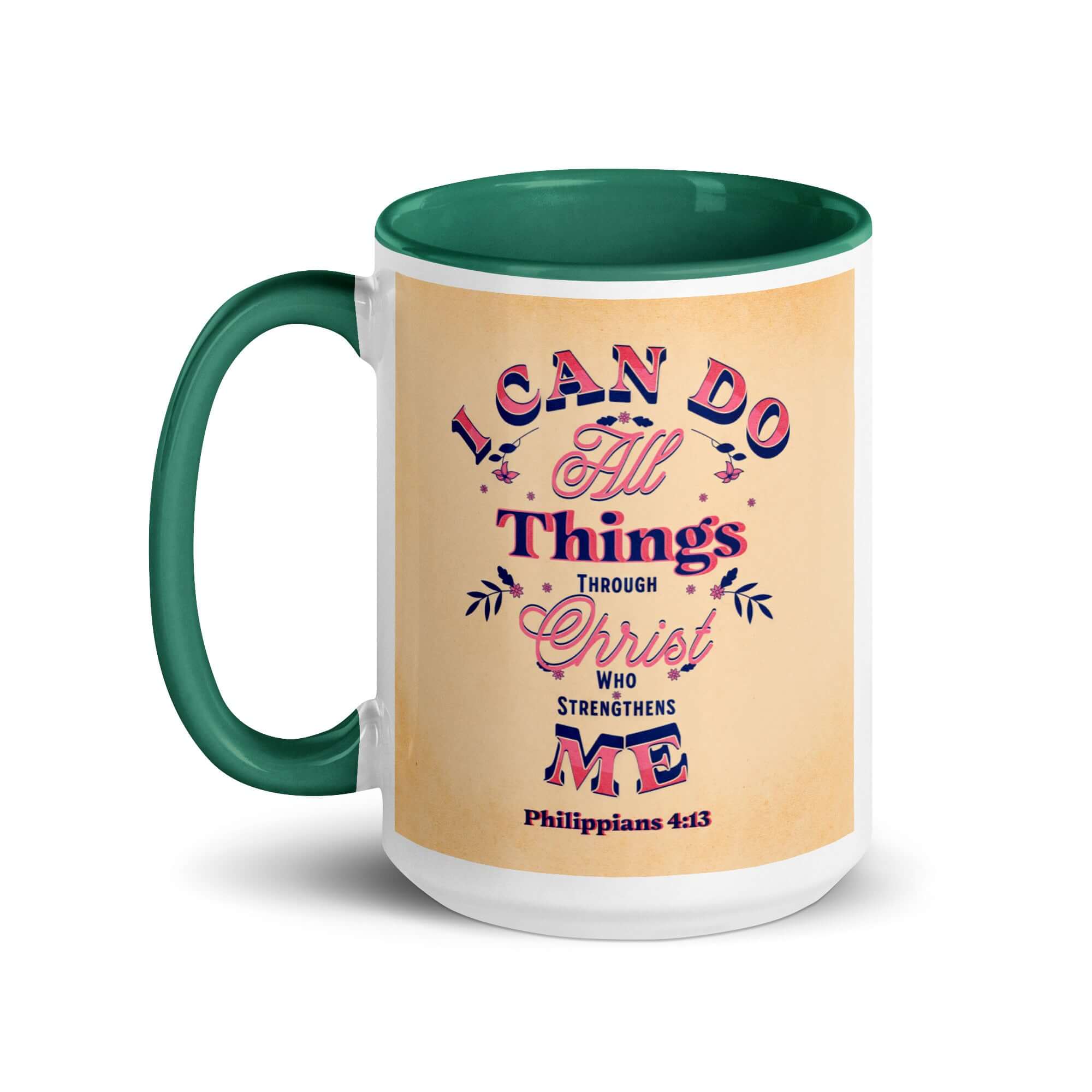 Philippians 4:13 Bible Verse, Christ Strengthens Me White Ceramic Mug with Color Inside