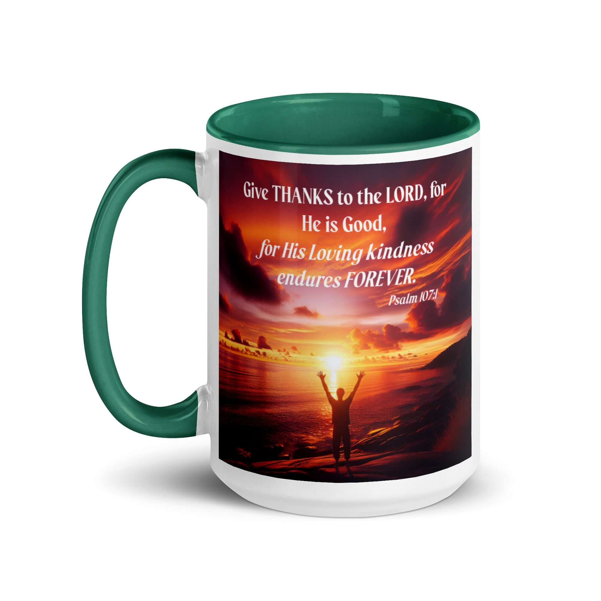 Psalm 107:1 Bible Verse, Give Thanks to the Lord White Ceramic Mug with Color Inside