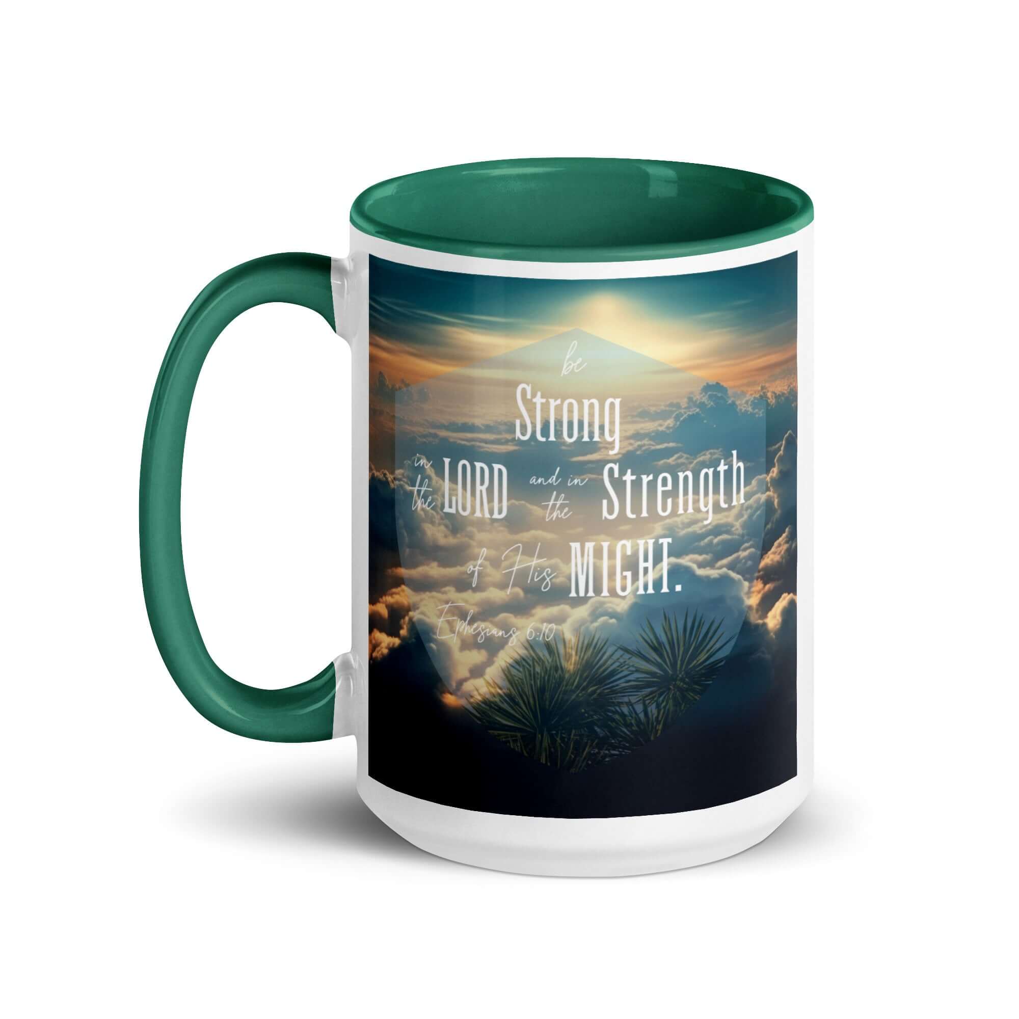 Ephesians 6:10 Bible Verse, be strong in the Lord White Ceramic Mug with Color Inside