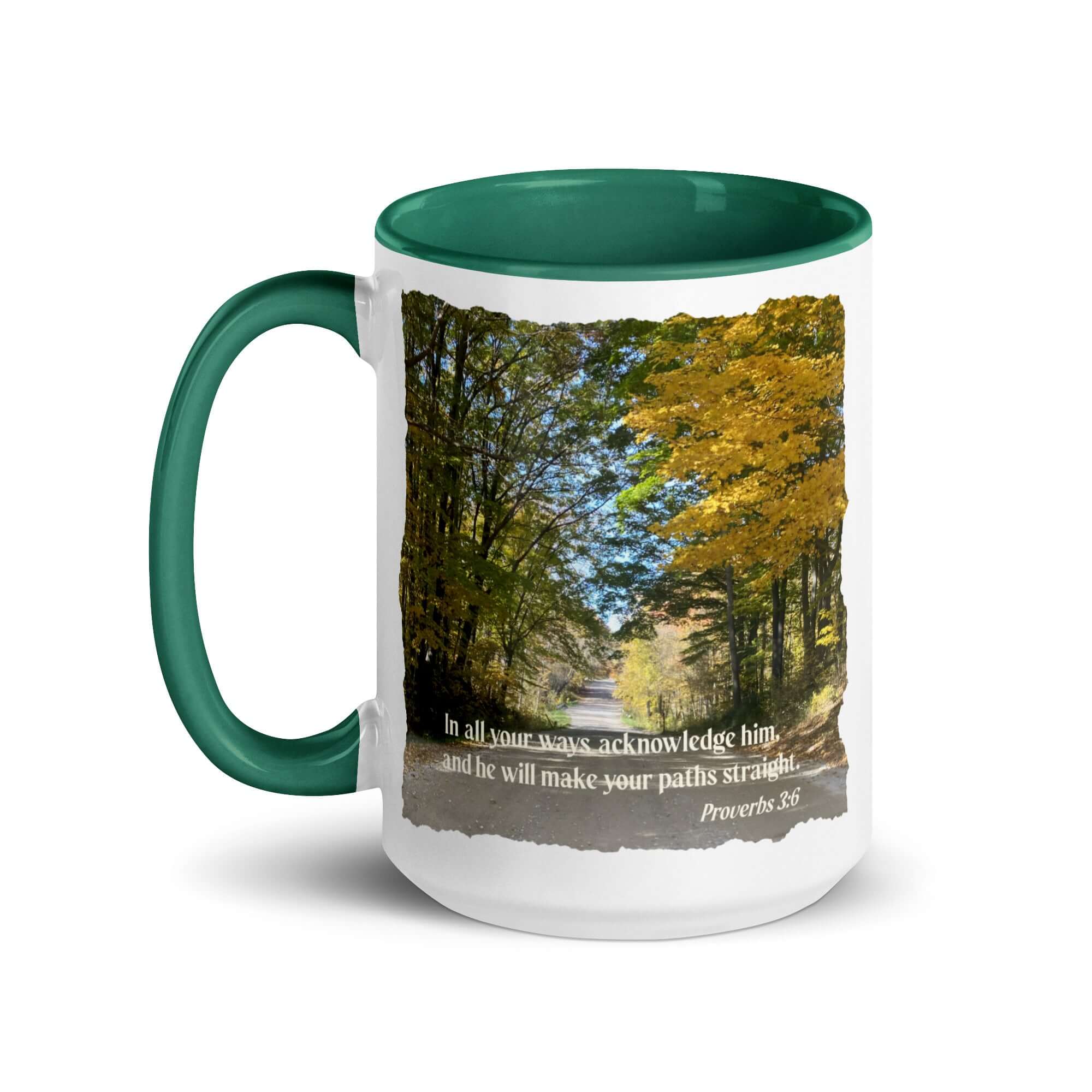 Proverbs 3:6 Bible Verse, Fall Road White Ceramic Mug with Color Inside