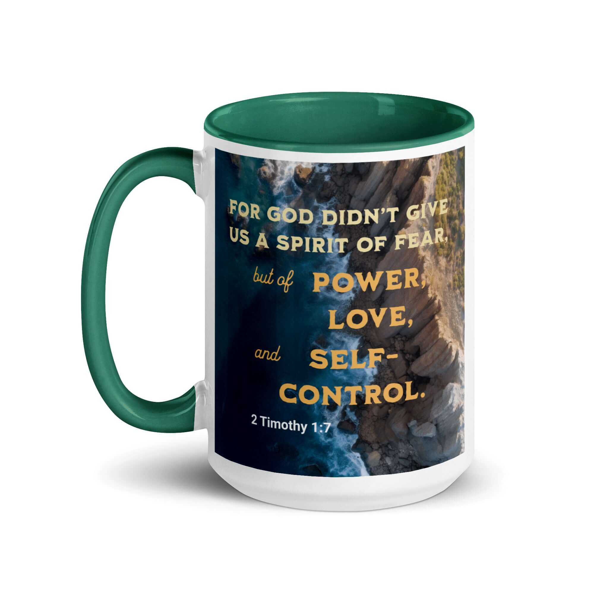 2 Timothy 1:7 Bible Verse, Power, Love, Self-Control White Ceramic Mug with Color Inside