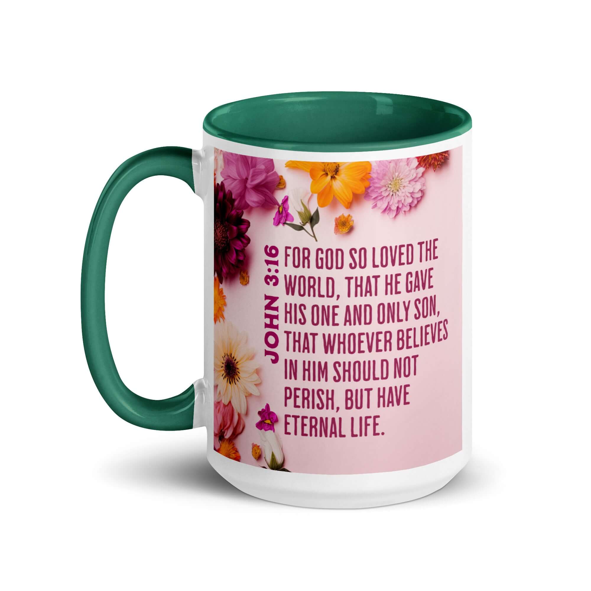 John 3:16 Bible Verse, For God So Loved White Ceramic Mug with Color Inside