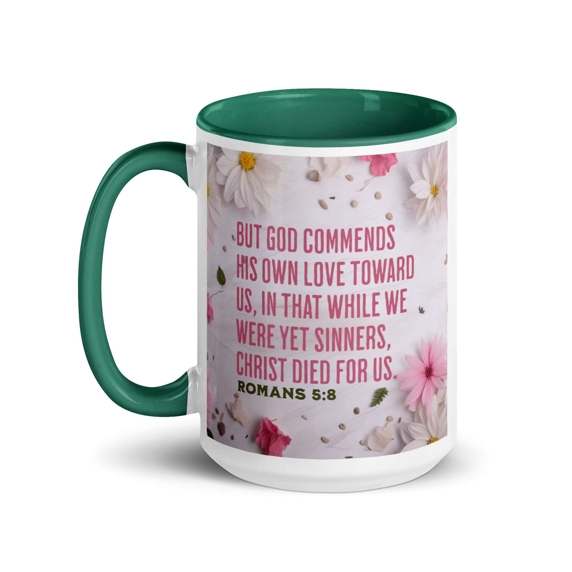 Romans 5:8 Bible Verse, Christ Died for Us White Ceramic Mug with Color Inside