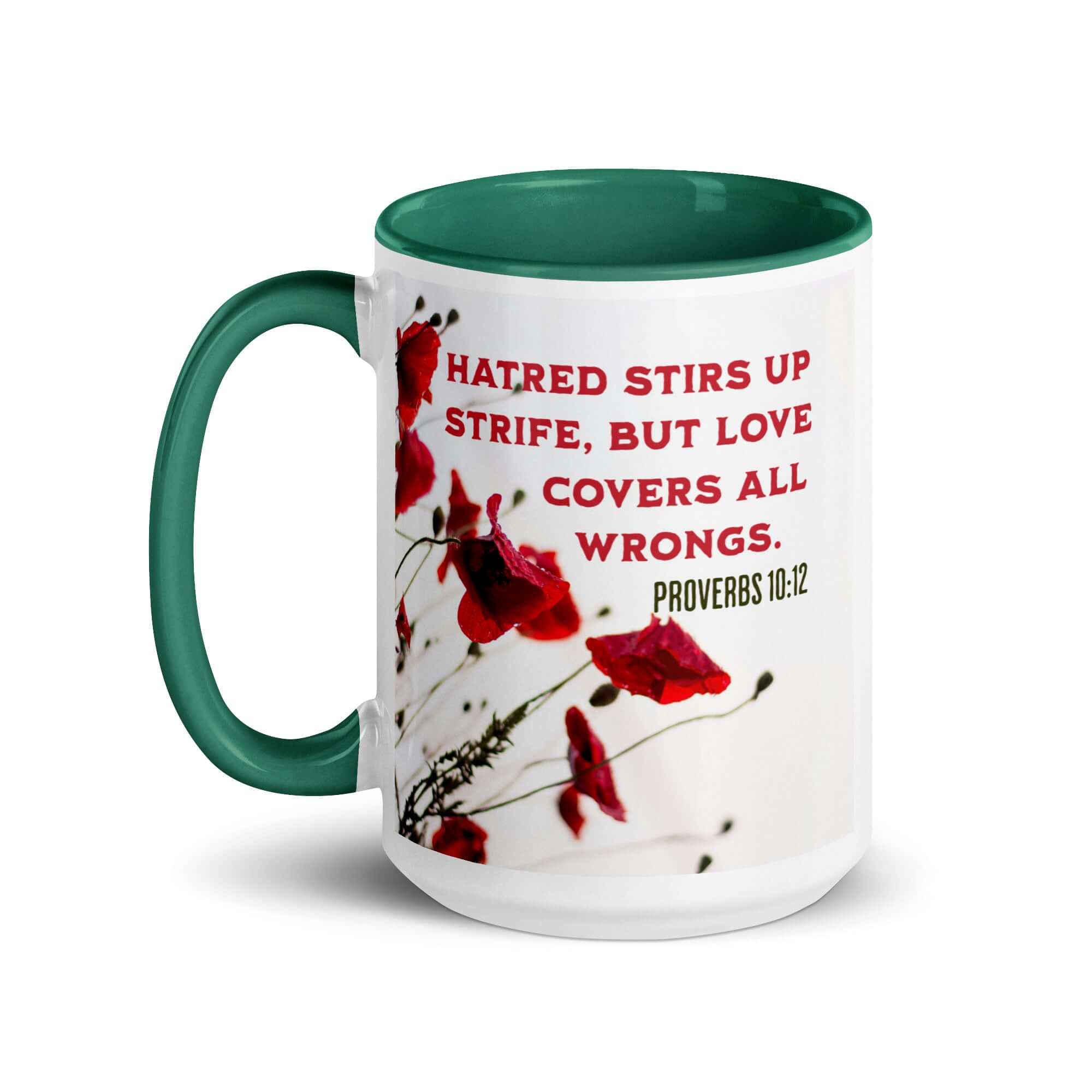 Proverbs 10:12 Bible Verse, Love Covers All White Ceramic Mug with Color Inside