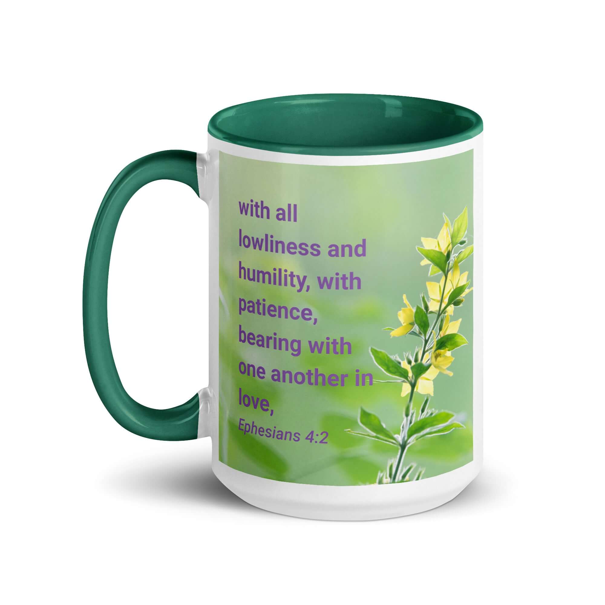 Ephesians 4:2 Bible Verse, one another in love White Ceramic Mug with Color Inside