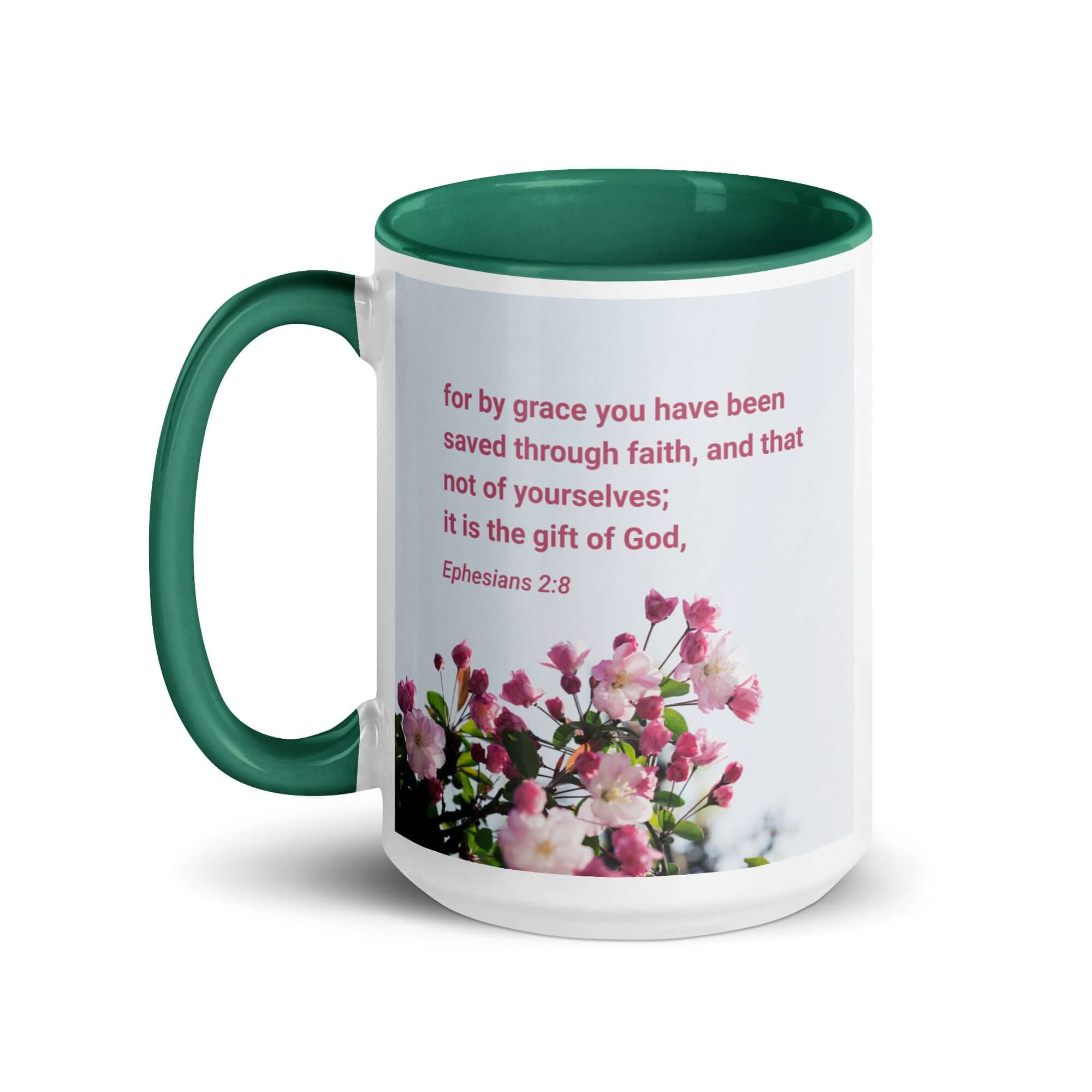 Ephesians 2:8 Bible Verse, saved through faith White Ceramic Mug with Color Inside