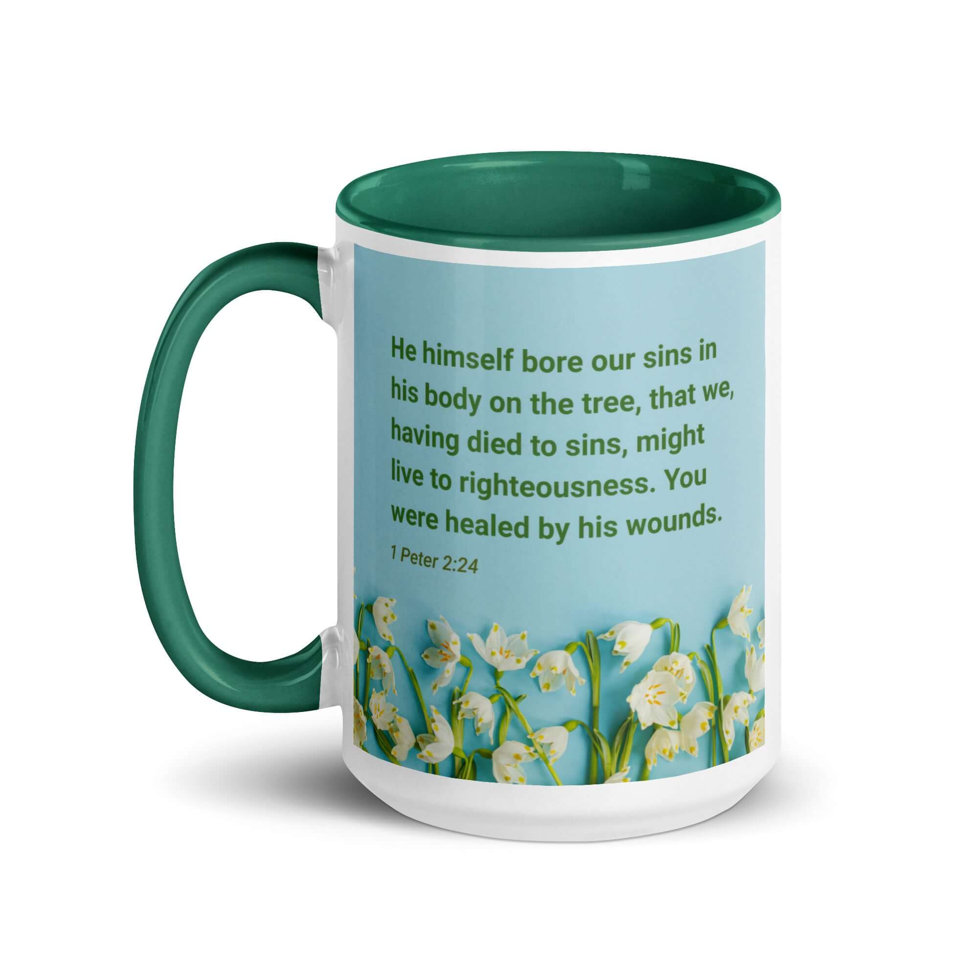 1 Peter 2:24 Bible Verse, healed by His wounds White Ceramic Mug with Color Inside