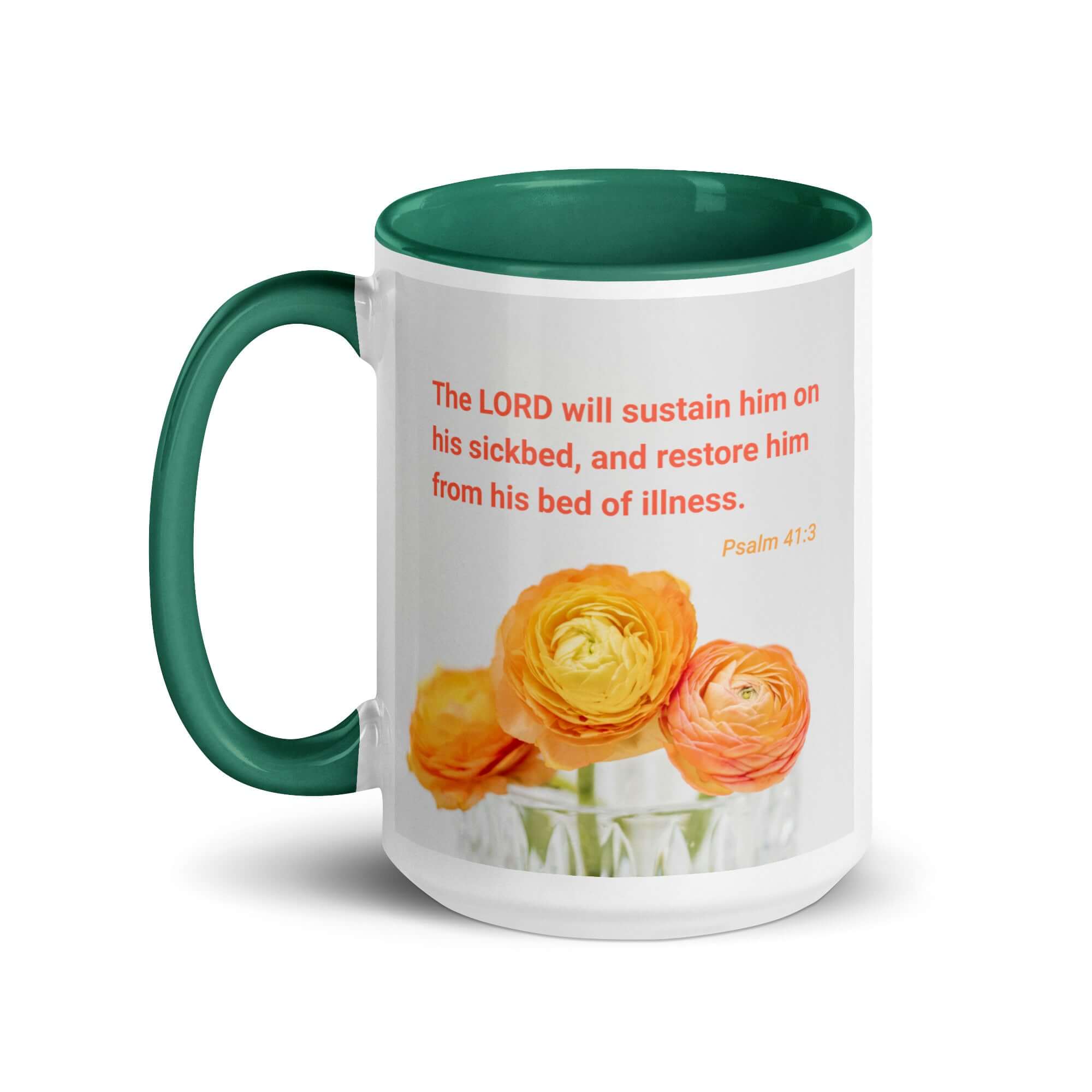 Psalm 41:3 Bible Verse, LORD will sustain White Ceramic Mug with Color Inside