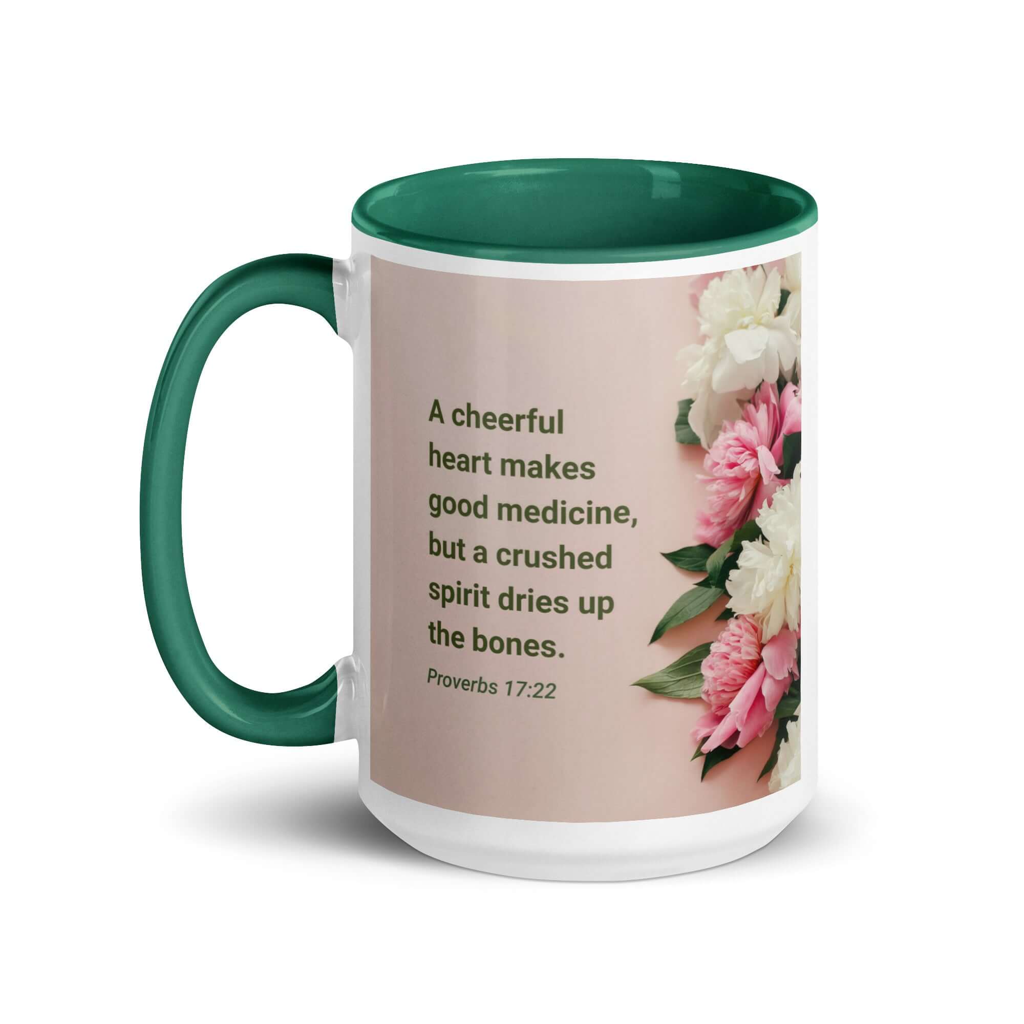 Proverbs 17:22 Bible Verse, good medicine White Ceramic Mug with Color Inside