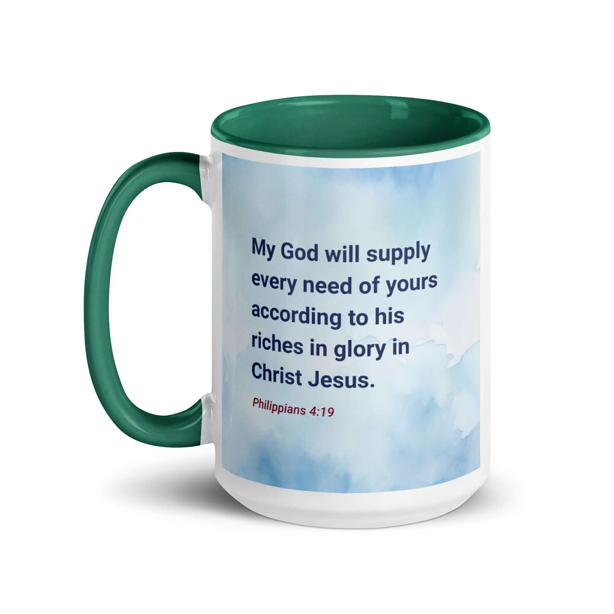 Philippians 4:19 Bible Verse, God will supply White Ceramic Mug with Color Inside