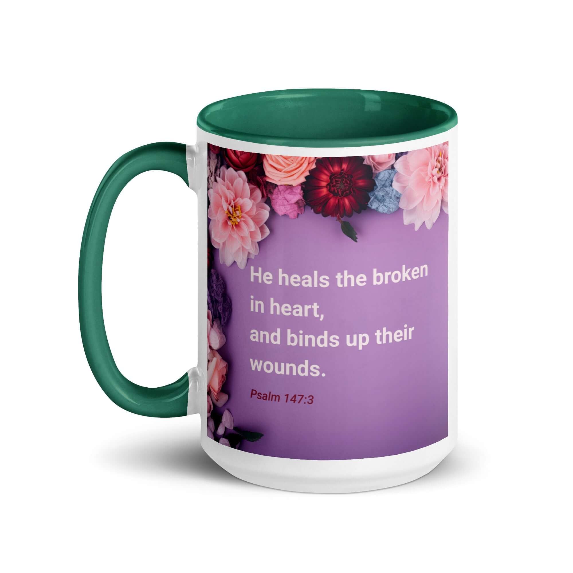Psalm 147:3 Bible Verse, He heals the broken White Ceramic Mug with Color Inside