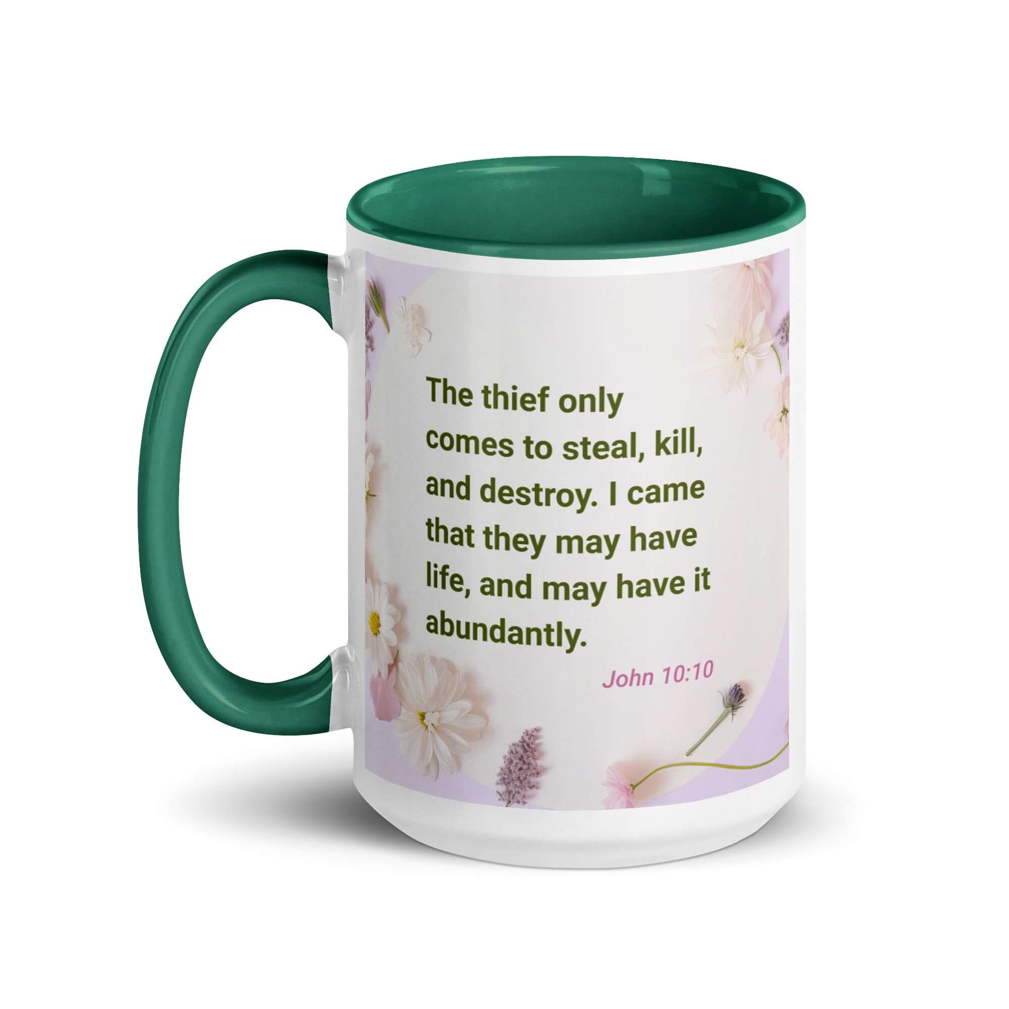 John 10:10 Bible Verse, Abundant Life White Ceramic Mug with Color Inside