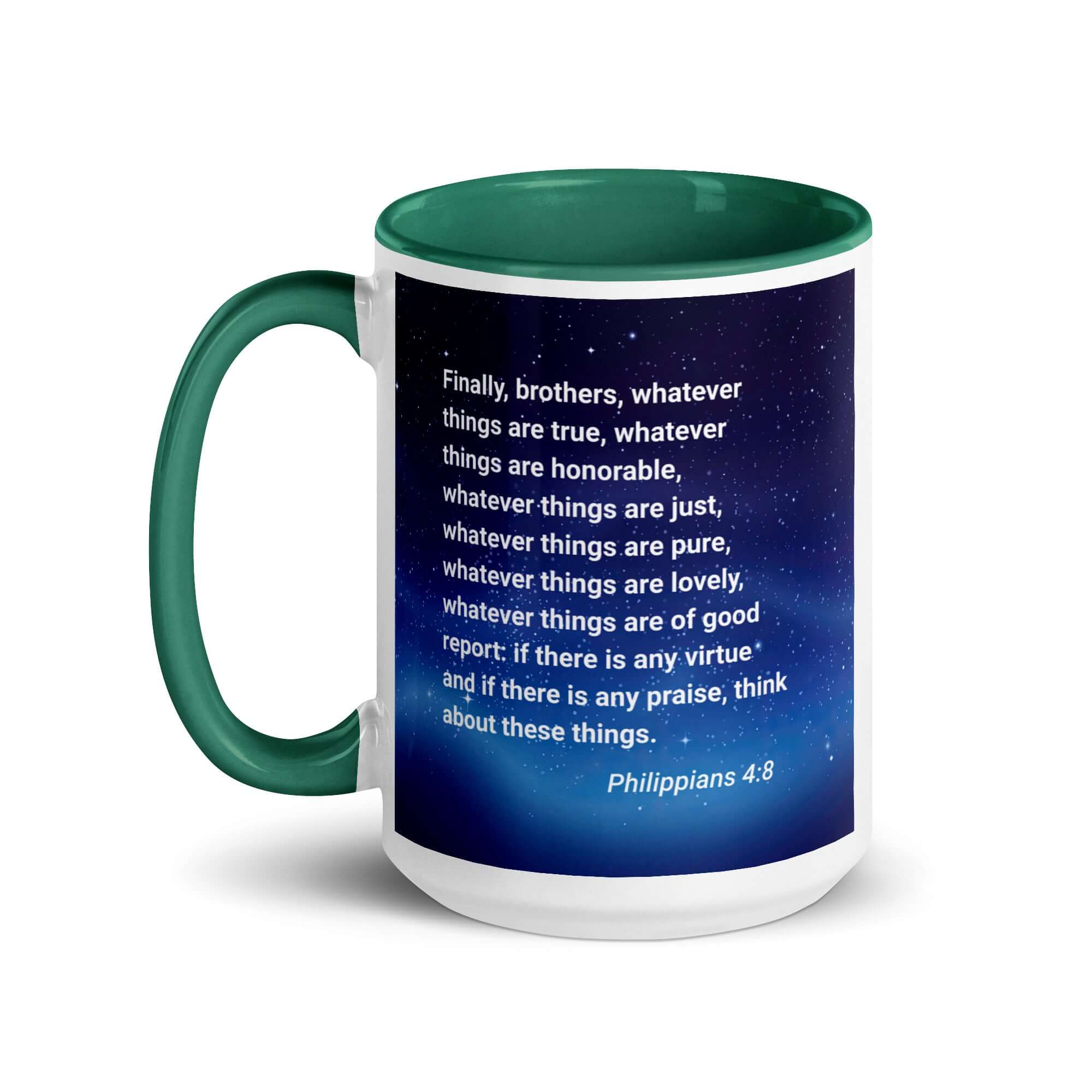 Philippians 4:8 Bible Verse, Think these things White Ceramic Mug with Color Inside