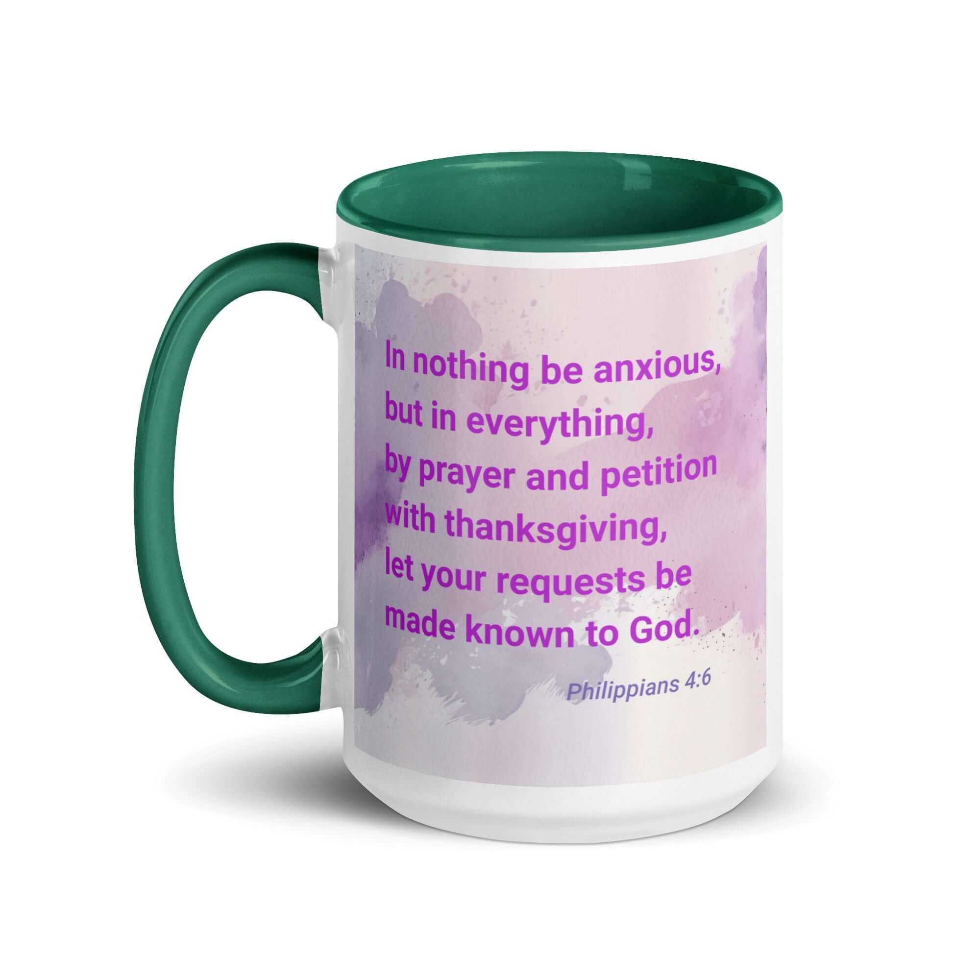 Philippians 4:6 Bible Verse, Prayer and Petition White Ceramic Mug with Color Inside