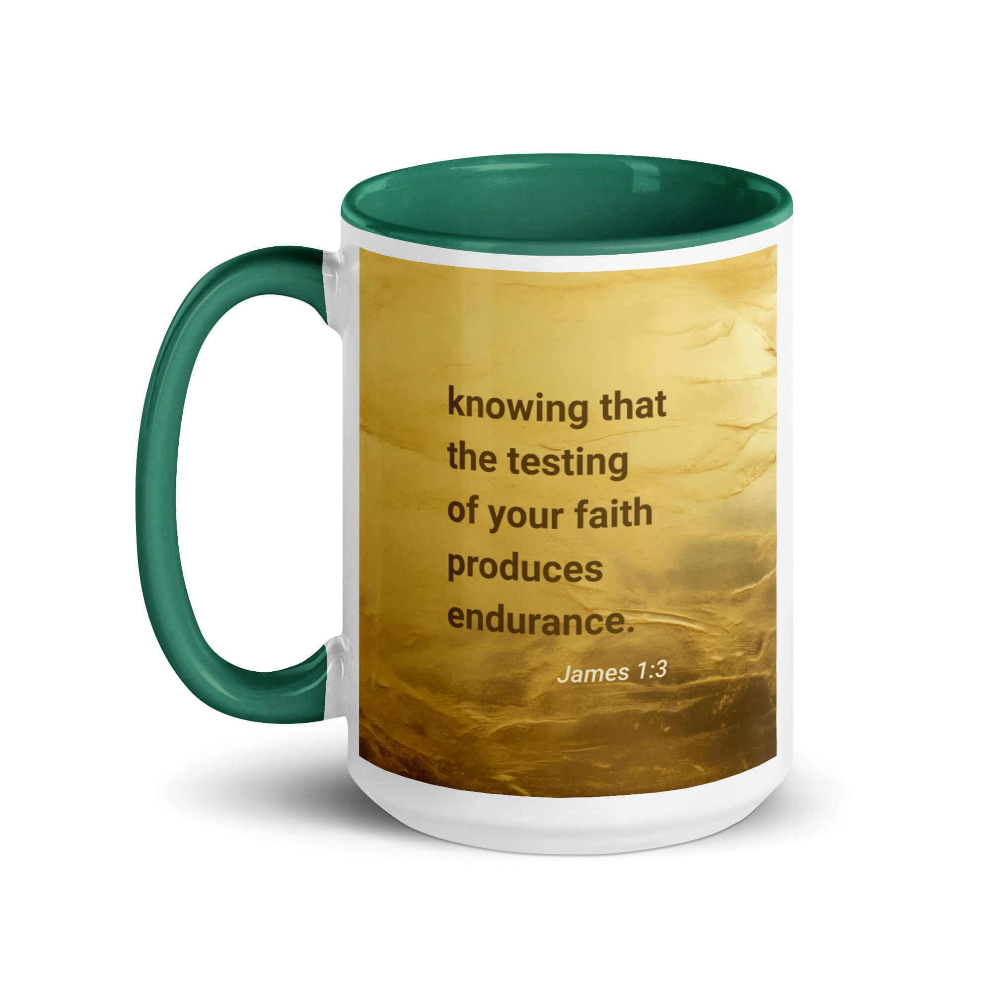 James 1:3 Bible Verse, testing of your faith White Ceramic Mug with Color Inside