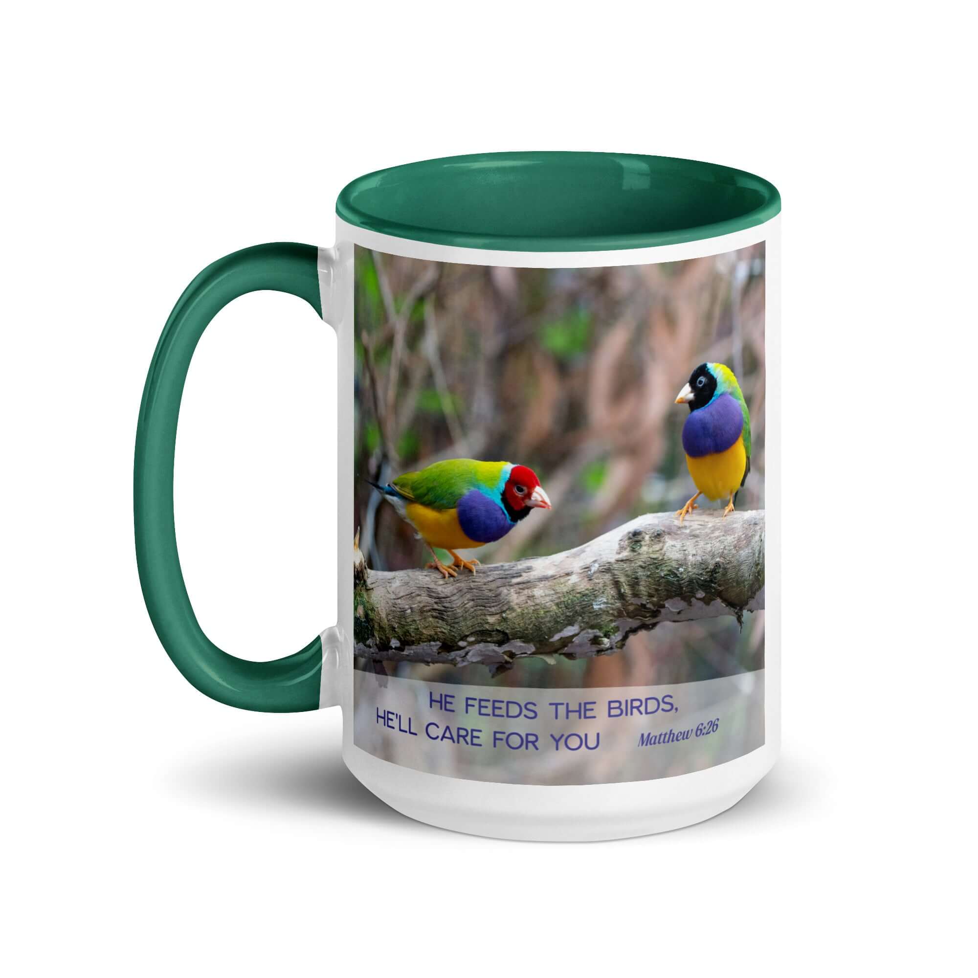 Matthew 6:26 Gouldian Finches, He'll Care for You White Ceramic Mug with Color Inside