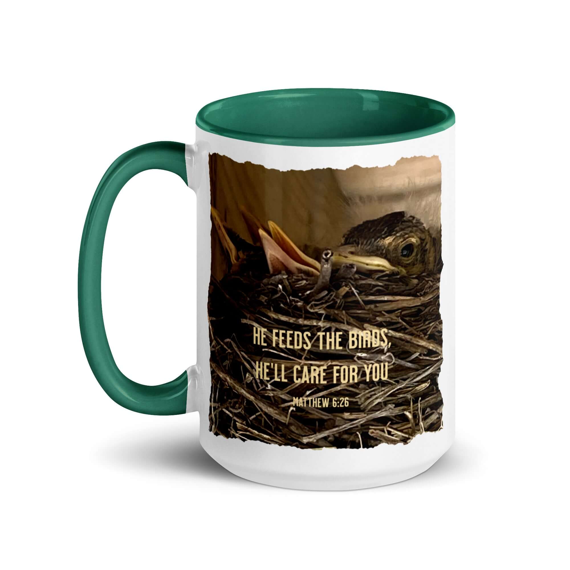 Matthew 6:26 Baby Robins, He'll Care for You White Ceramic Mug with Color Inside