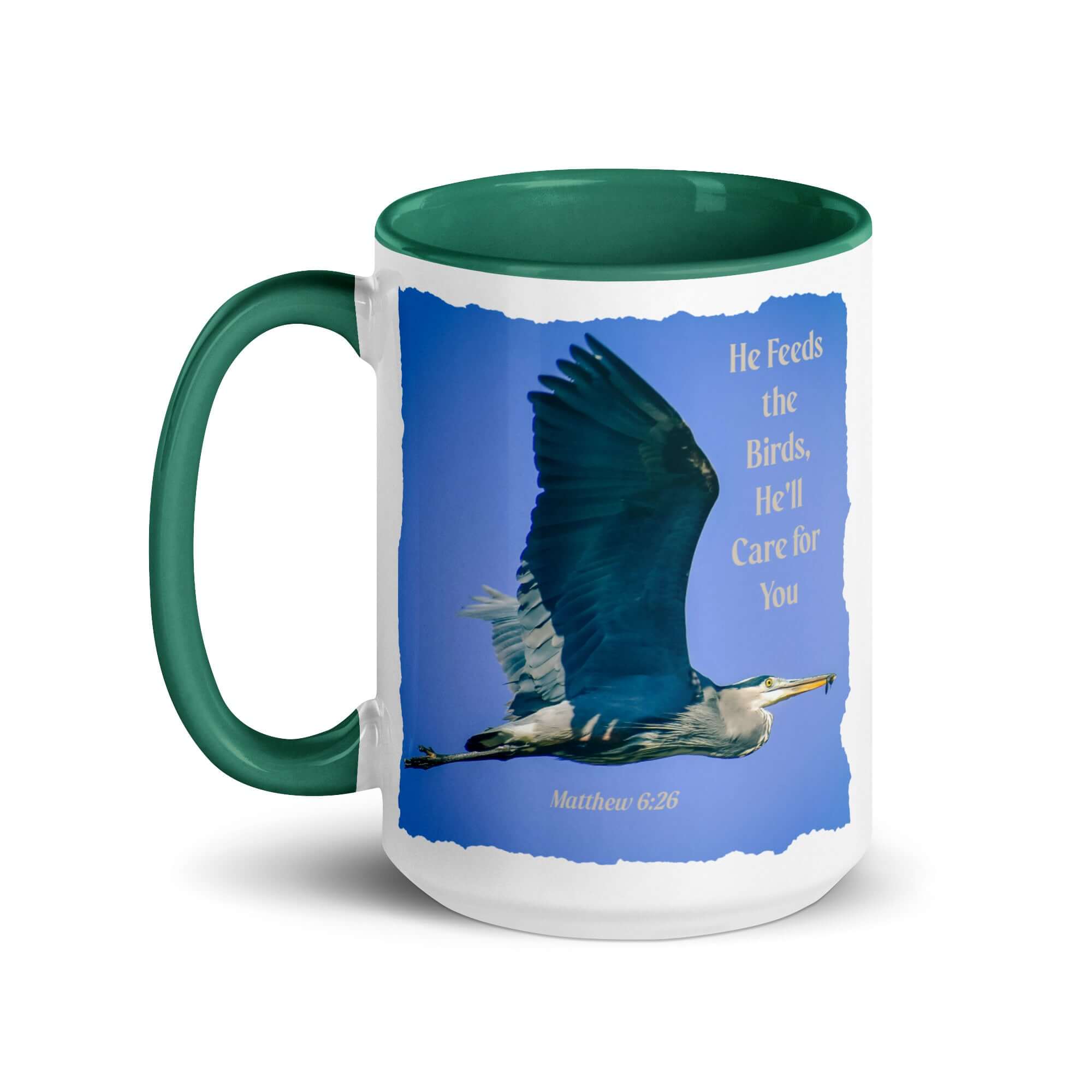 Matthew 6:26 Graceful Heron, He'll Care for You White Ceramic Mug with Color Inside