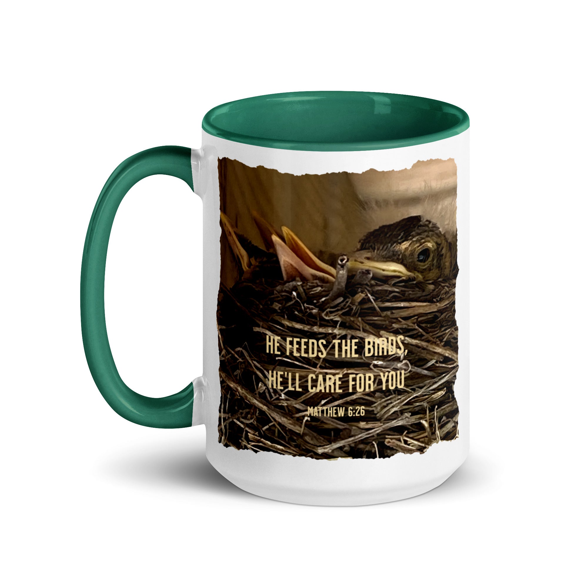 Matthew 6:26 Baby Robins, He'll Care for You White Ceramic Mug with Color Inside