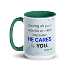 1 Peter 5:7 Bible Verse, casting all your worries on Him White Ceramic Mug with Color Inside