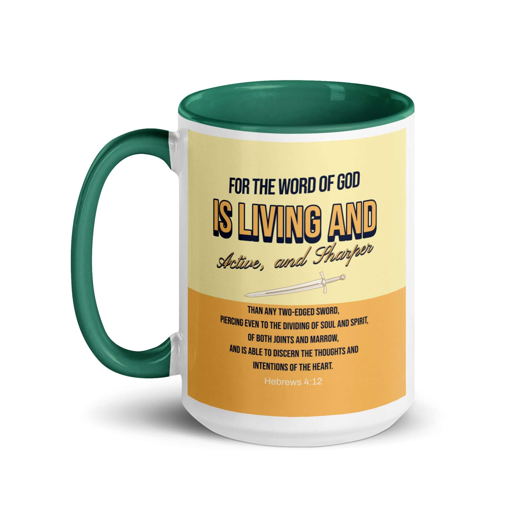 Hebrews 4:12 Bible Verse, living and active White Ceramic Mug with Color Inside