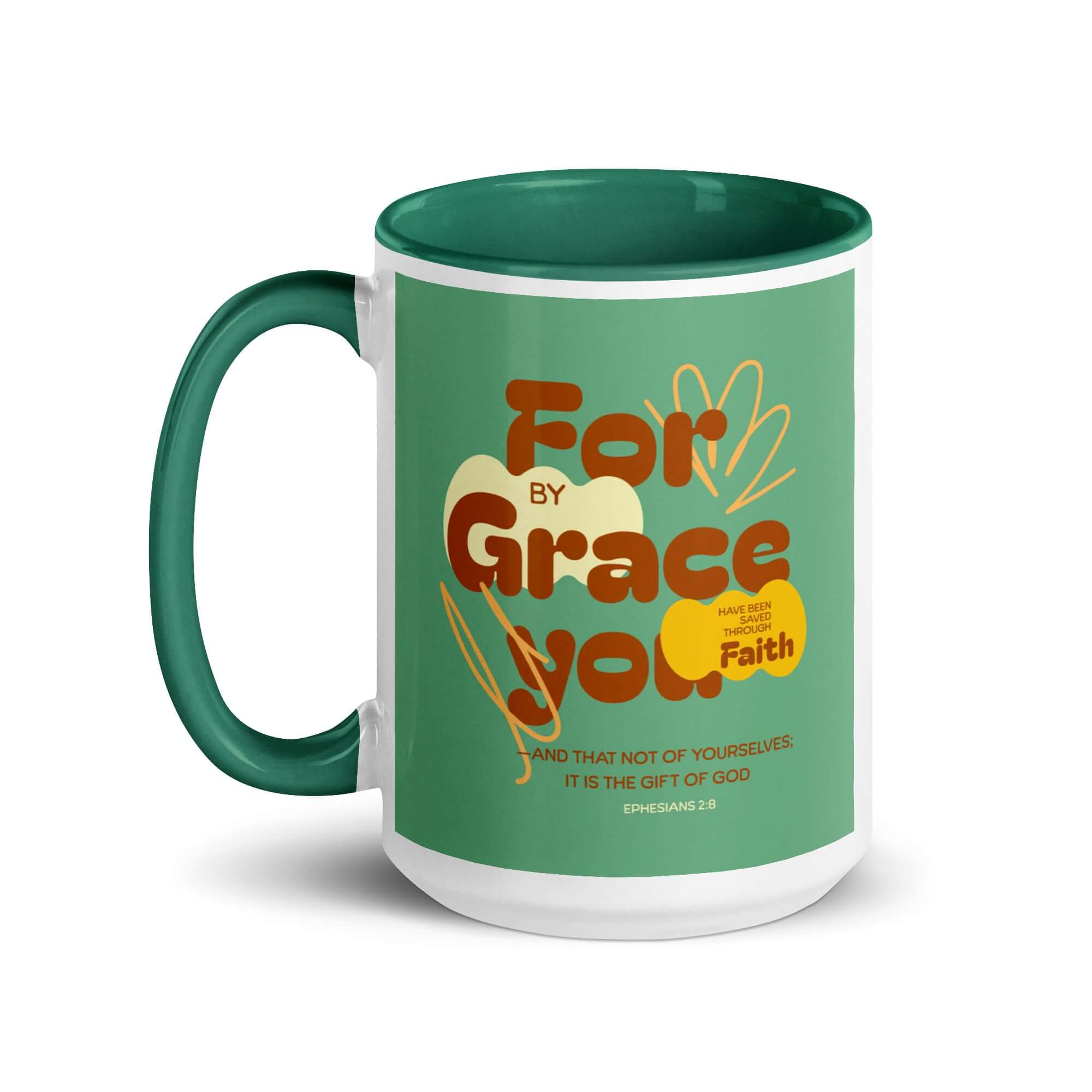 Ephesians 2:8 Bible Verse, for by grace White Ceramic Mug with Color Inside