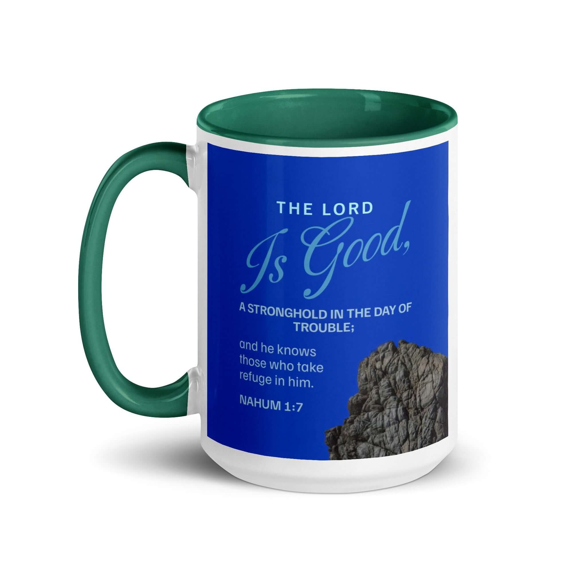 Nahum 1:7 Bible Verse, The LORD is a stronghold White Ceramic Mug with Color Inside