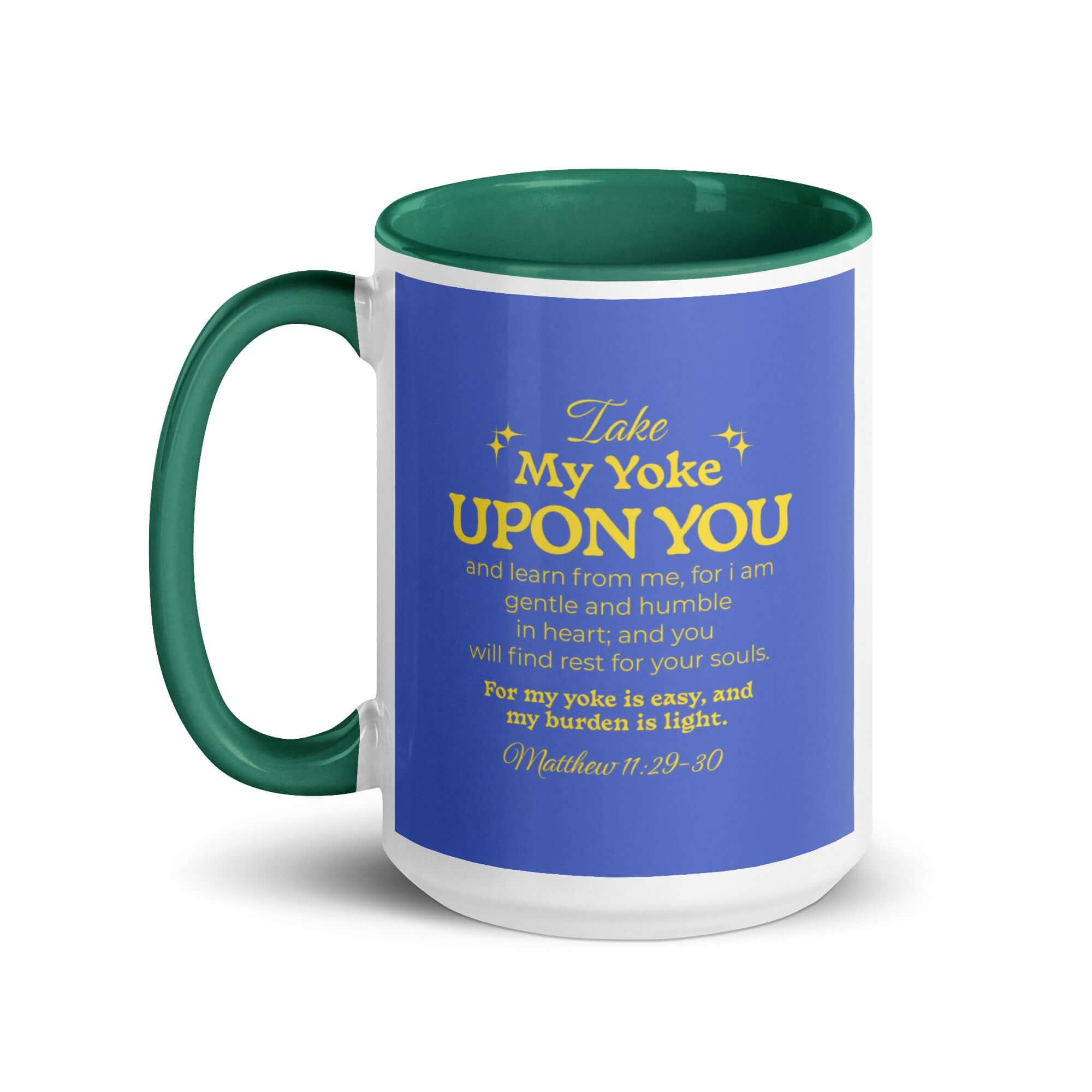 Matthew 11:29-30 Bible Verse, Take my yoke White Ceramic Mug with Color Inside
