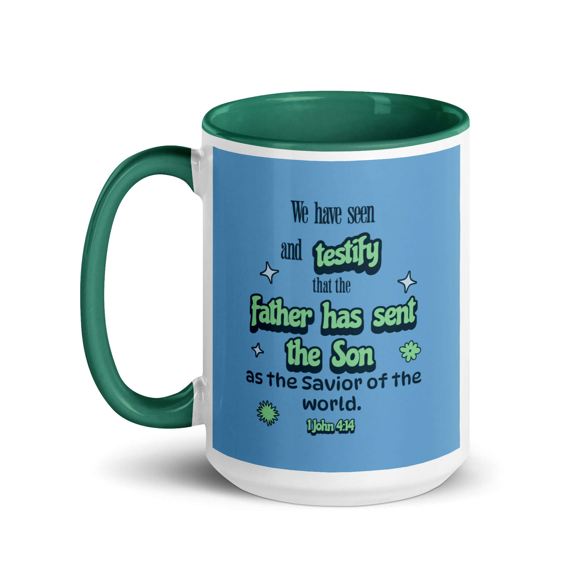 1 John 4:14 Bible Verse, sent the Son White Ceramic Mug with Color Inside