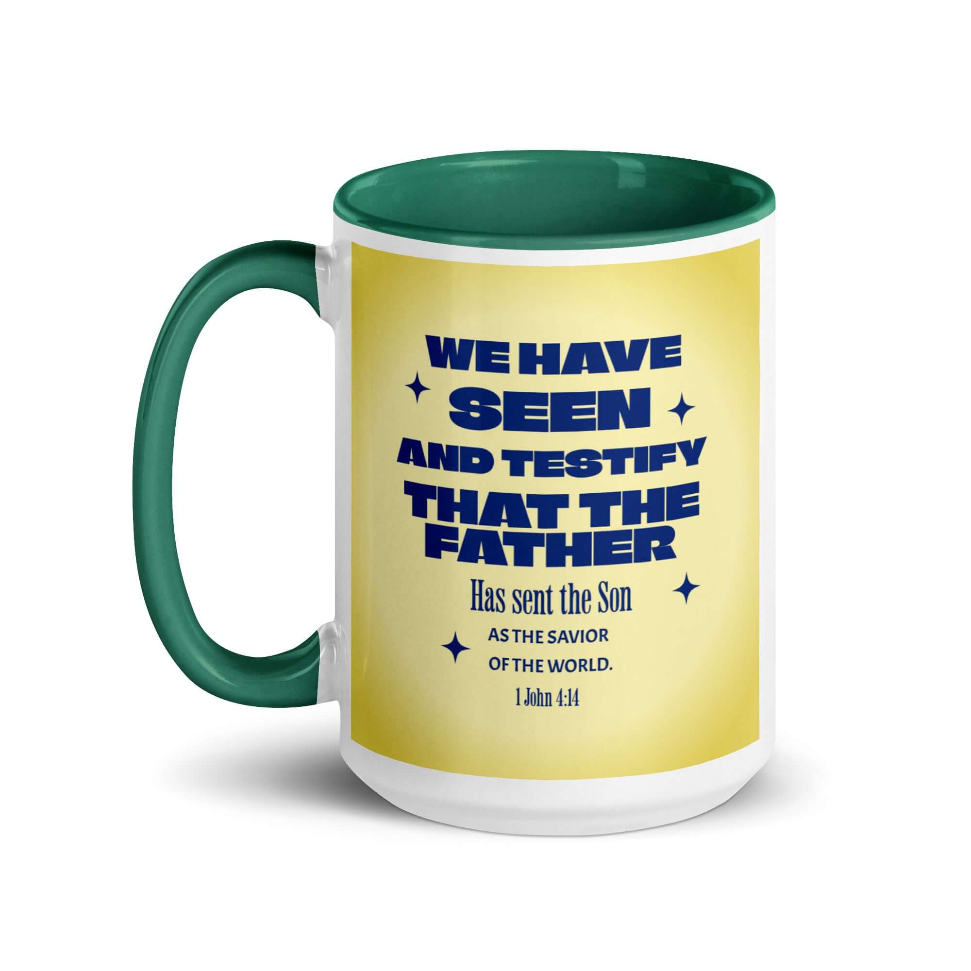 1 John 4:14 Bible Verse, Savior of the world White Ceramic Mug with Color Inside