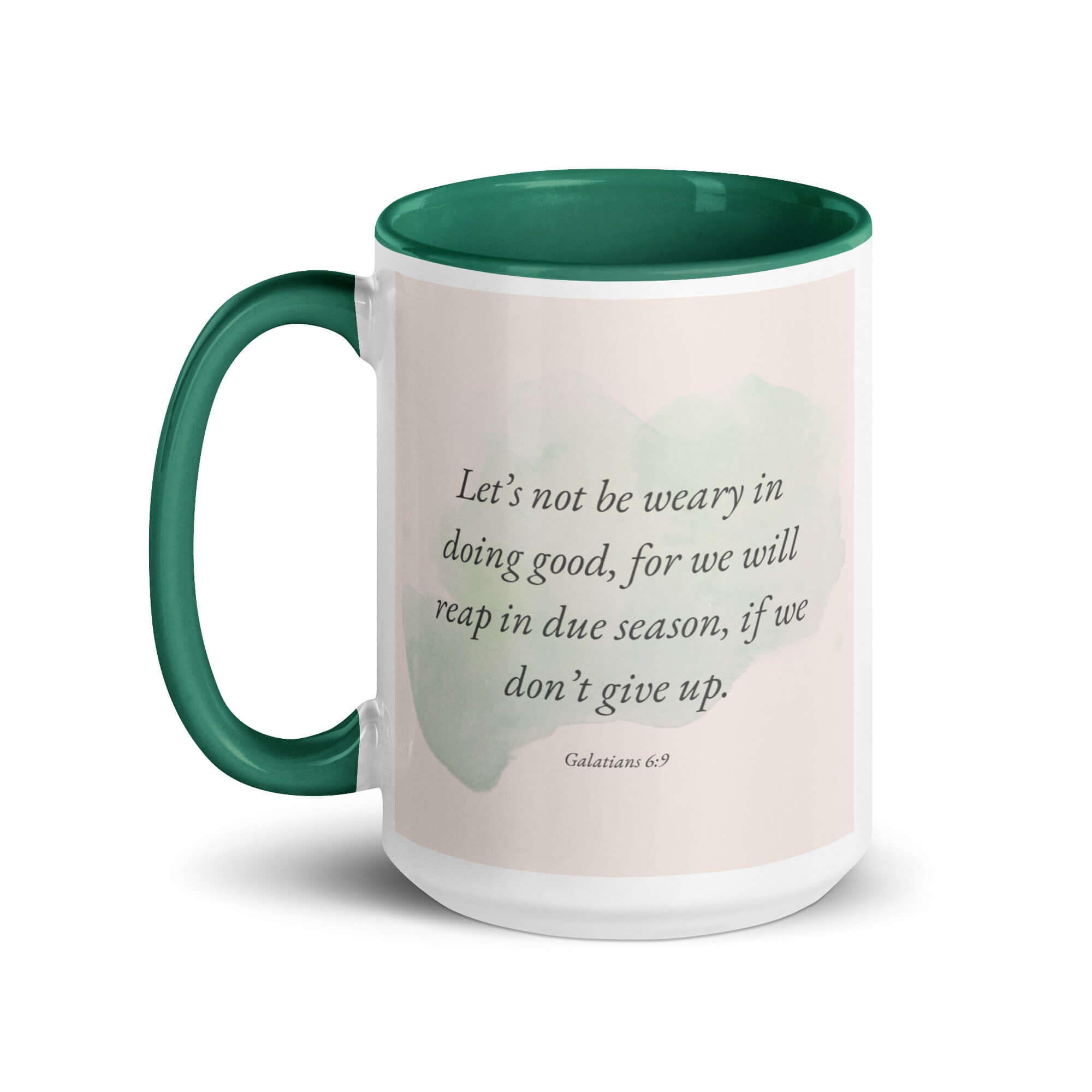 Galatians 6:9 Bible Verse, not be weary White Ceramic Mug with Color Inside