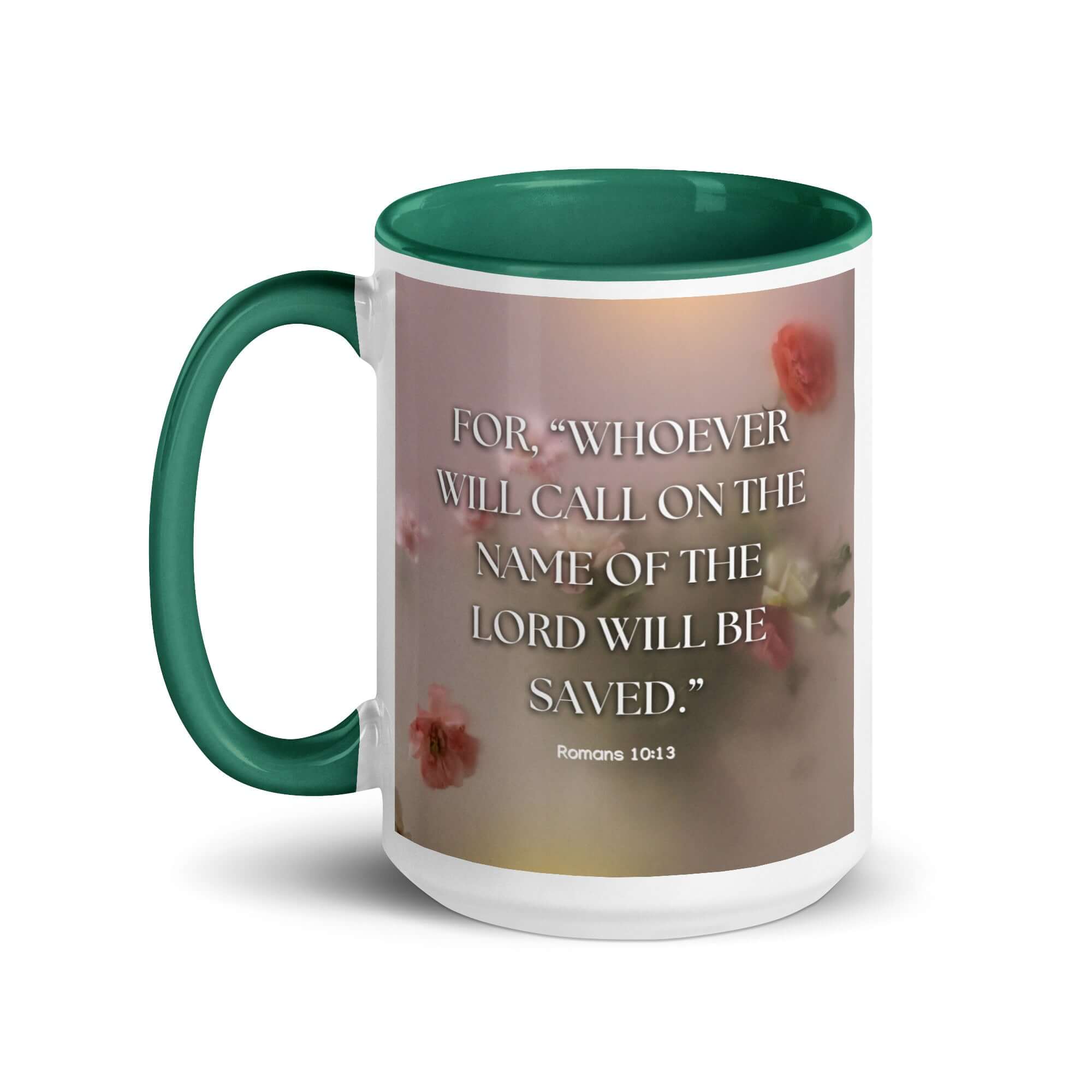 Romans 10:13 Bible Verse, will call White Ceramic Mug with Color Inside