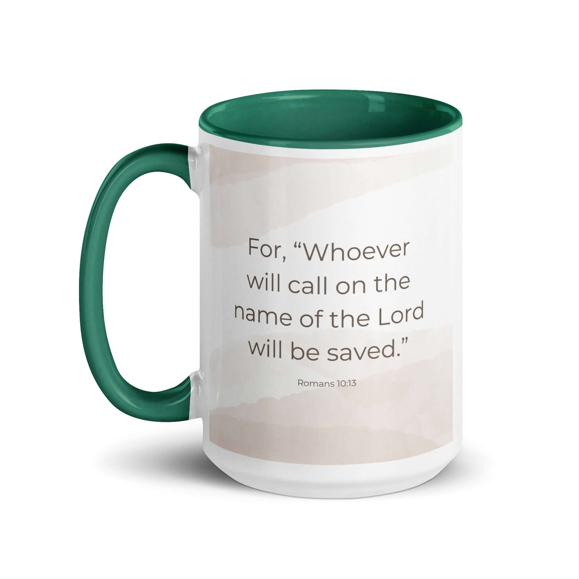 Romans 10:13 Bible Verse, the name White Ceramic Mug with Color Inside
