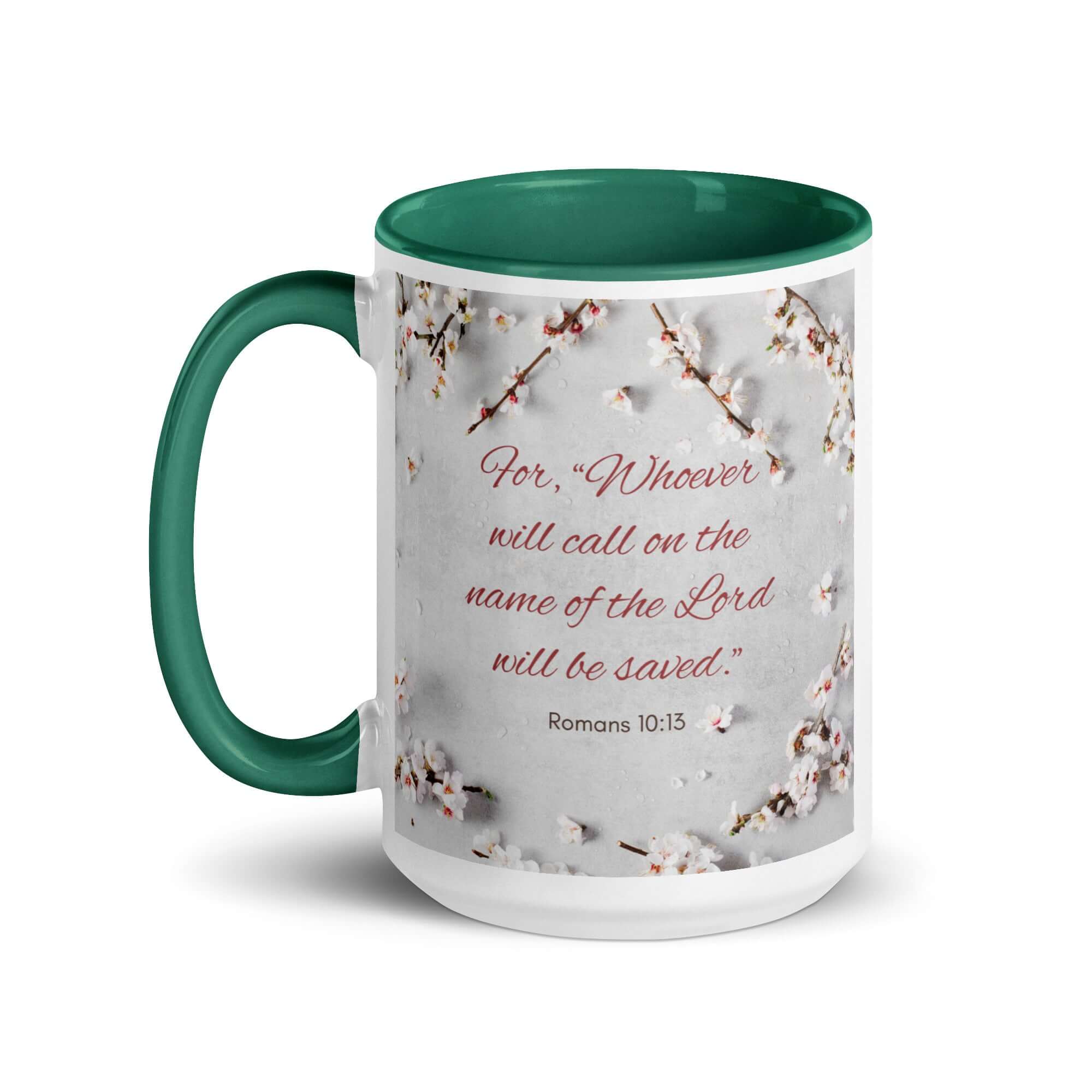 Romans 10:13 Bible Verse, the Lord White Ceramic Mug with Color Inside