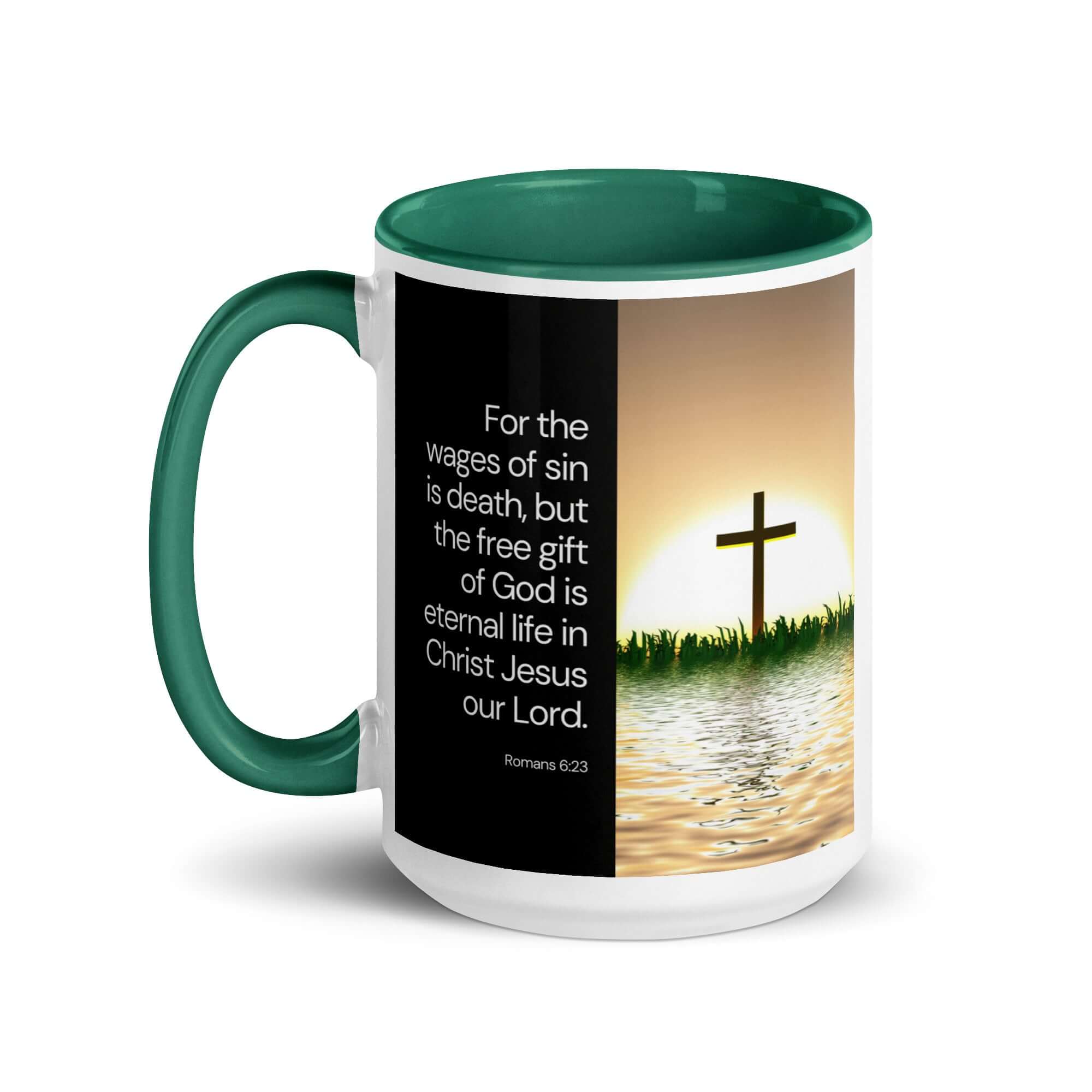 Romans 6:23 Bible Verse, the wages White Ceramic Mug with Color Inside