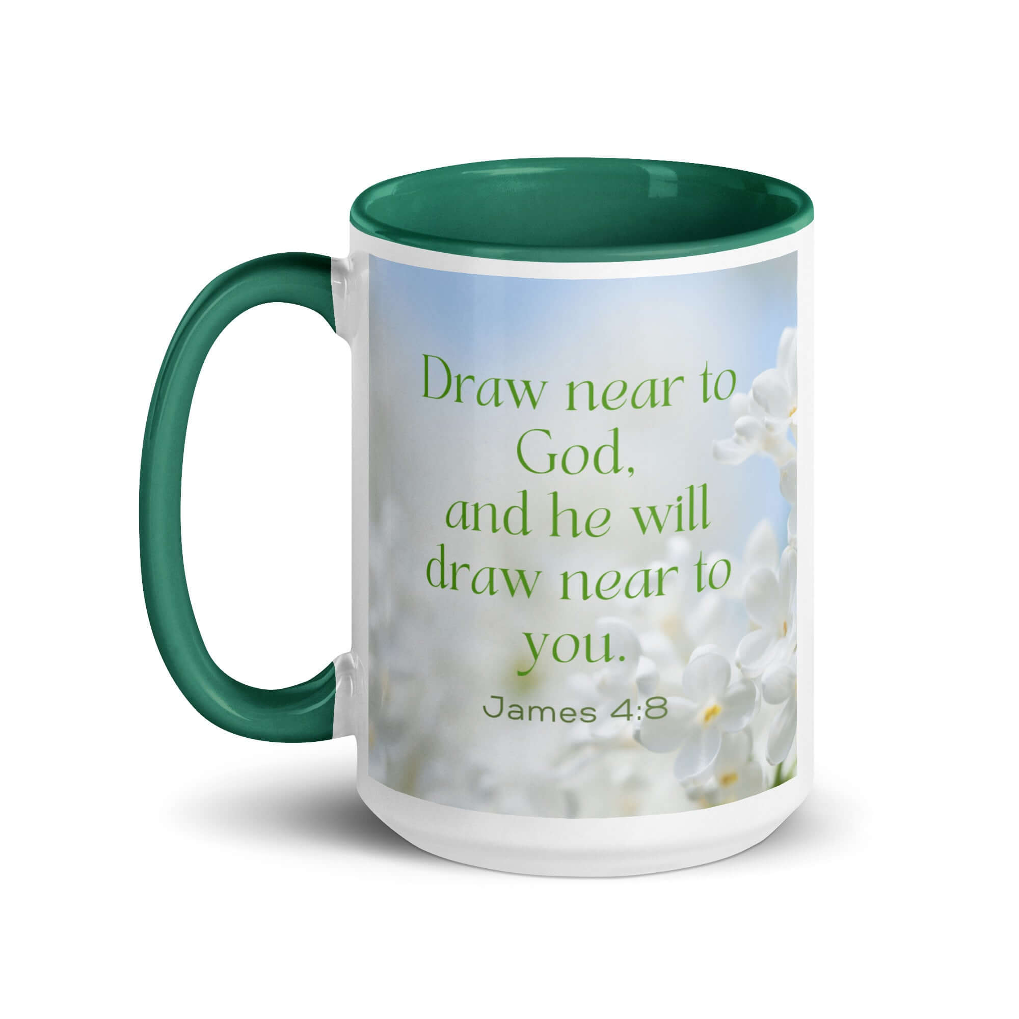 James 4:8 Bible Verse, Draw near White Ceramic Mug with Color Inside