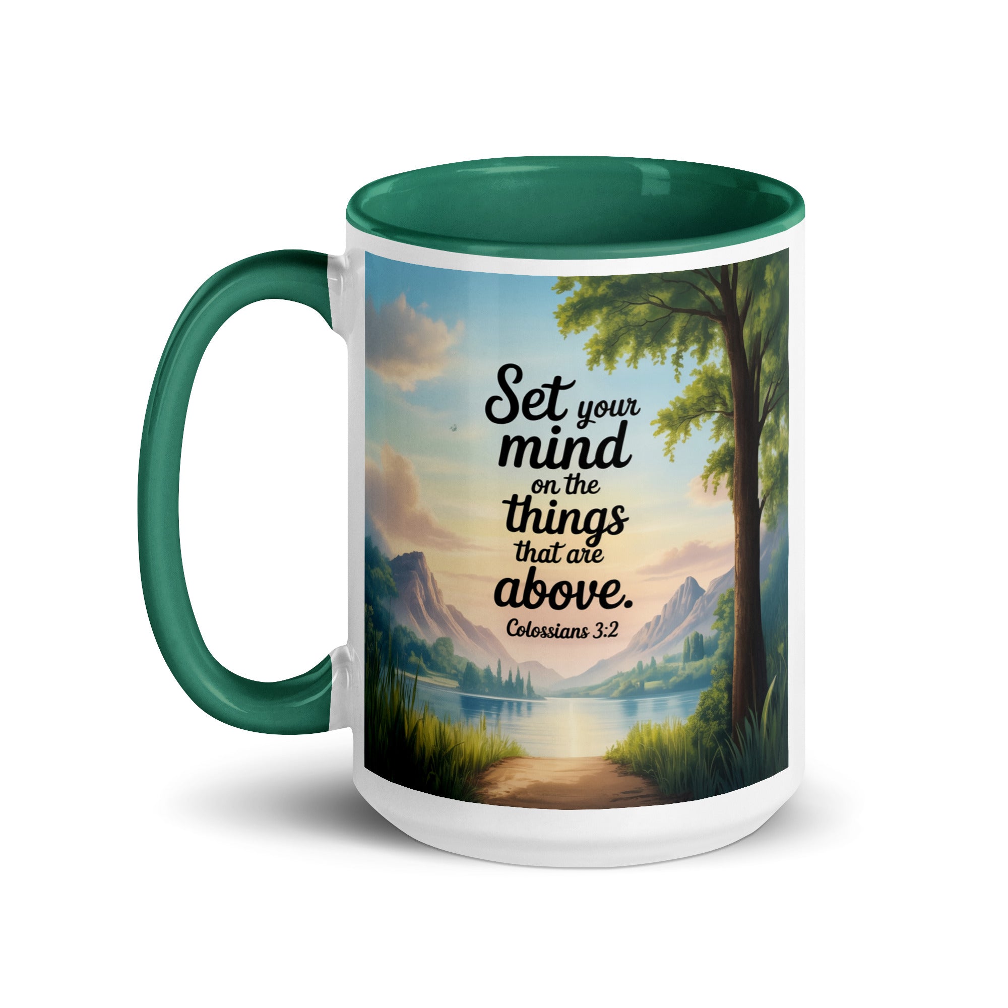 Colossians 3:2 Bible Verse Set White Ceramic Mug with Color Inside