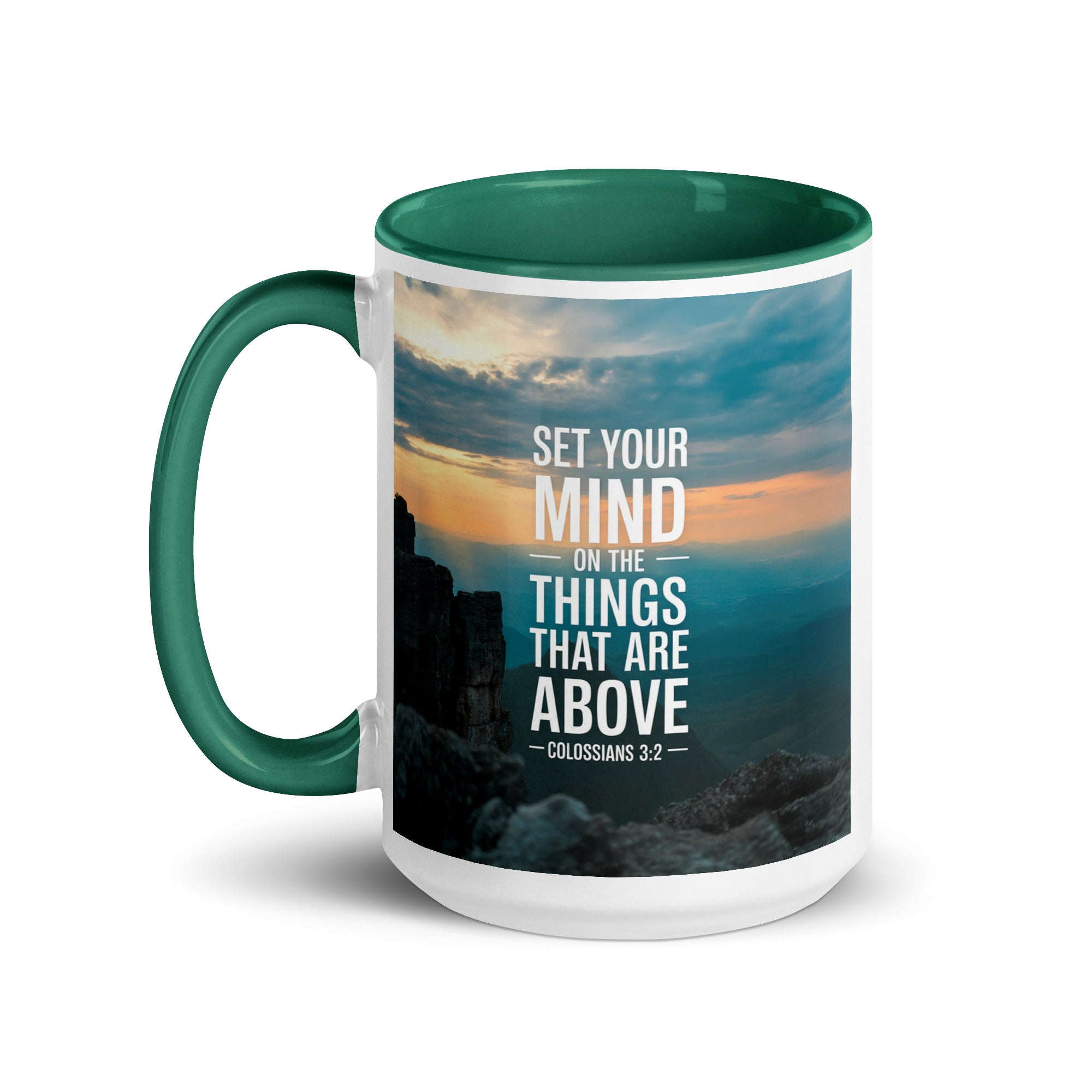 Colossians 3:2 Bible Verse on the White Ceramic Mug with Color Inside