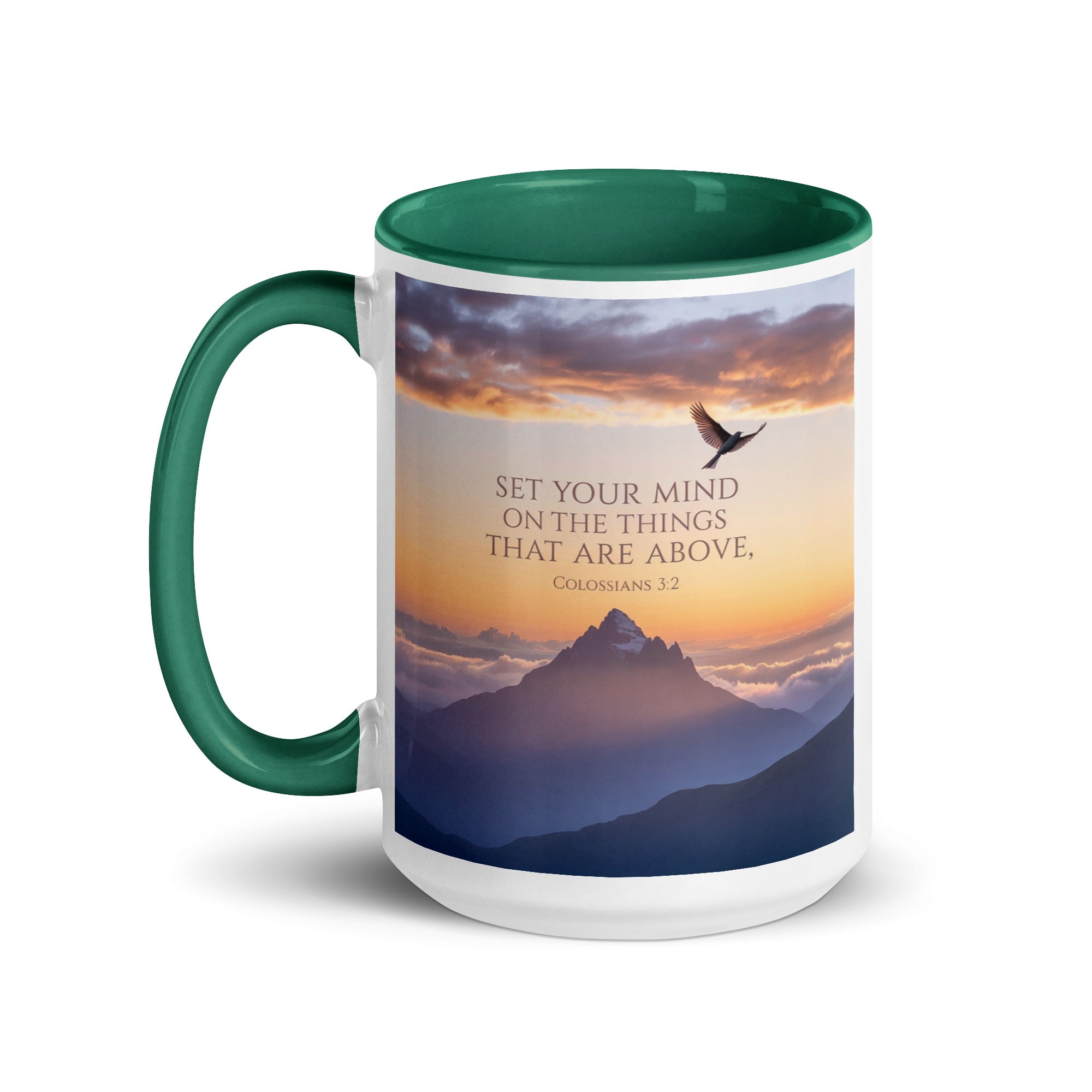 Colossians 3:2 Bible Verse are above White Ceramic Mug with Color Inside