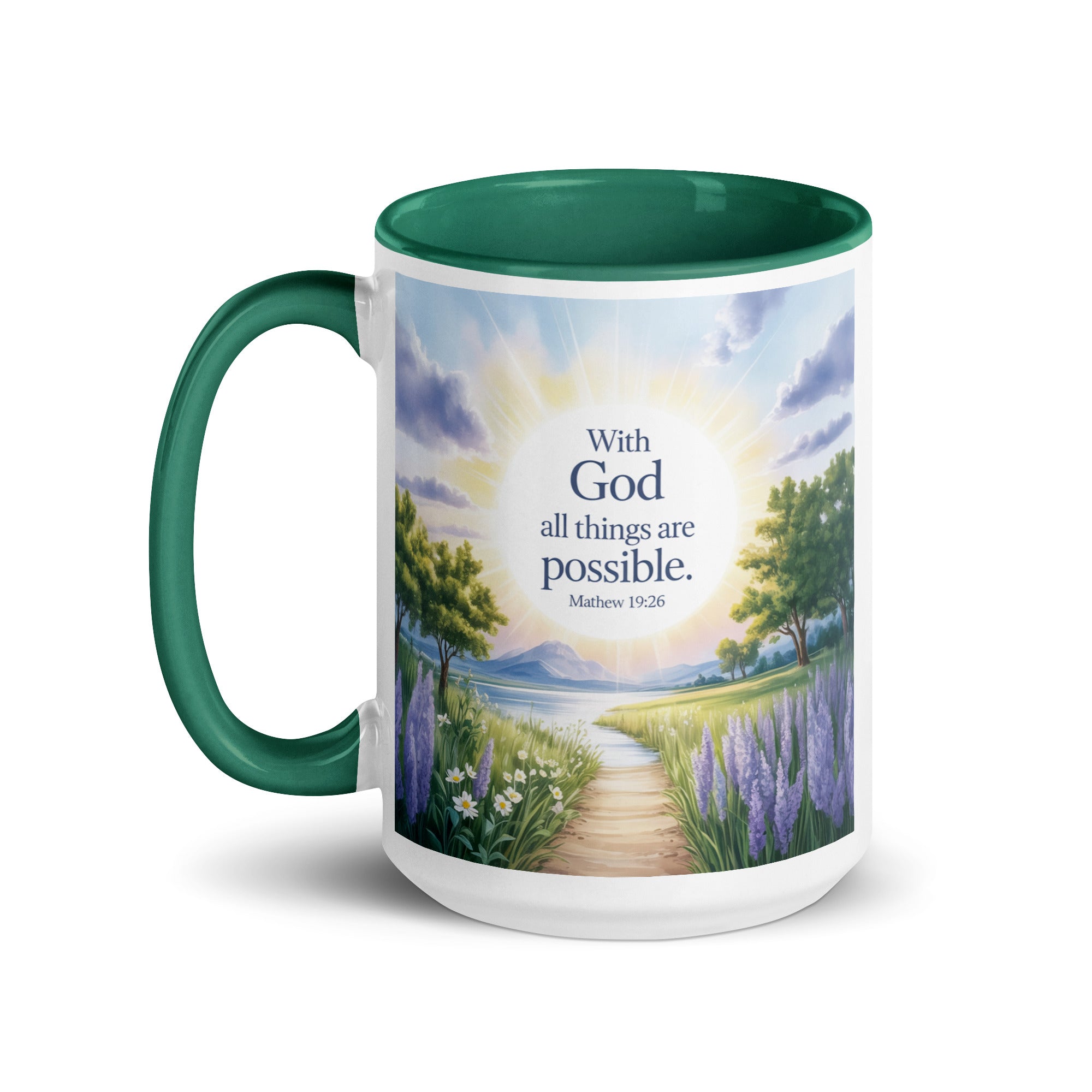 Matthew 19:26 Bible Verse Looking at White Ceramic Mug with Color Inside