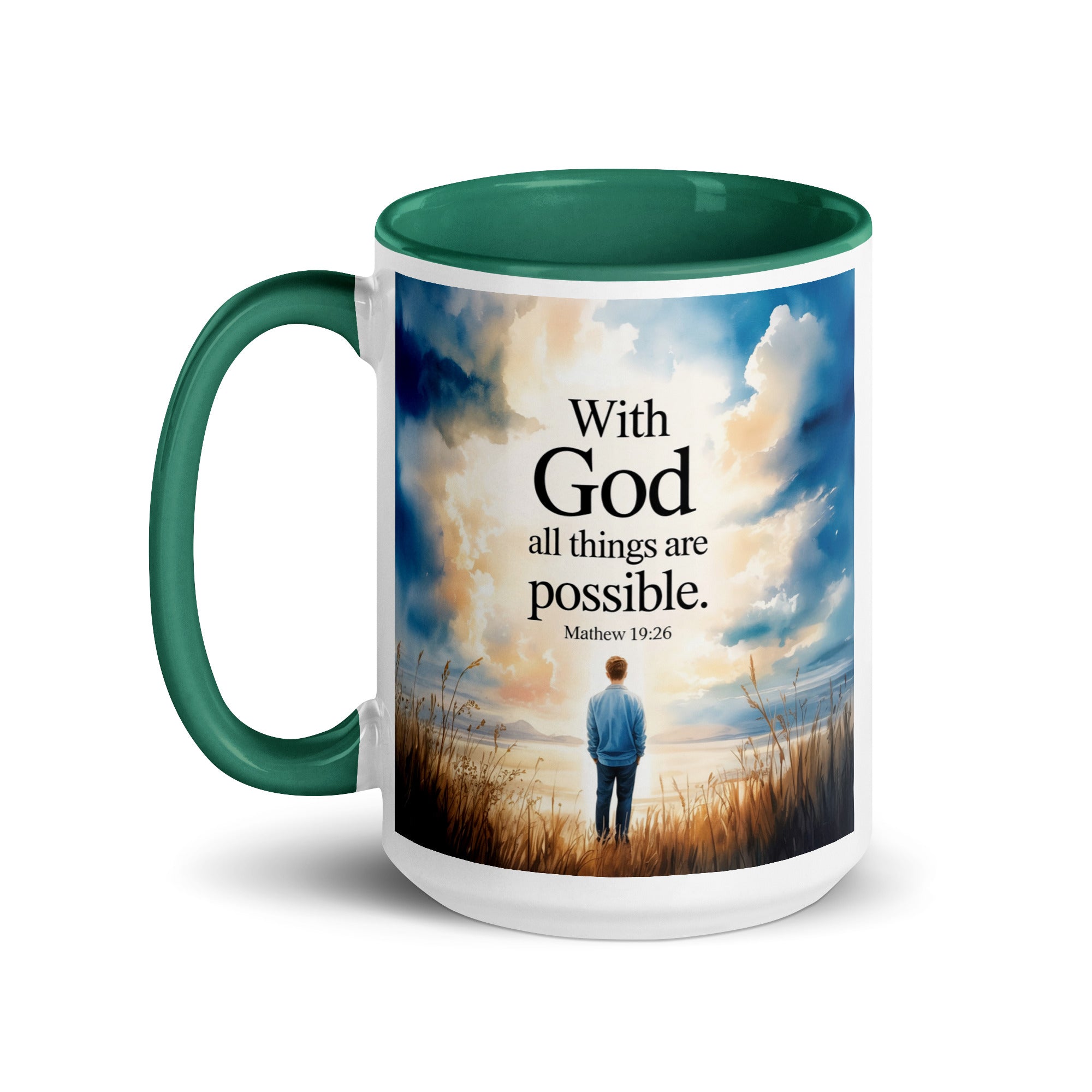 Matthew 19:26 Bible Verse Jesus White Ceramic Mug with Color Inside