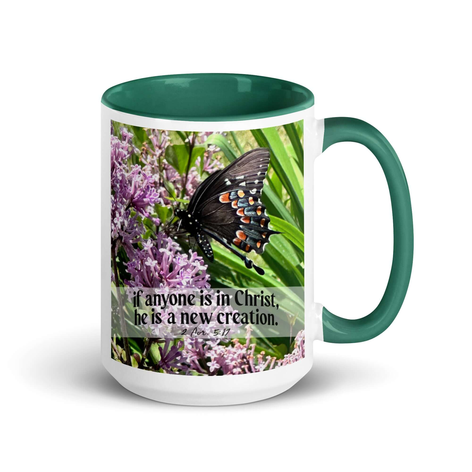 2 Corinthians 5:17 Bible Verse, Butterfly White Ceramic Mug with Color Inside Dark green 15 oz