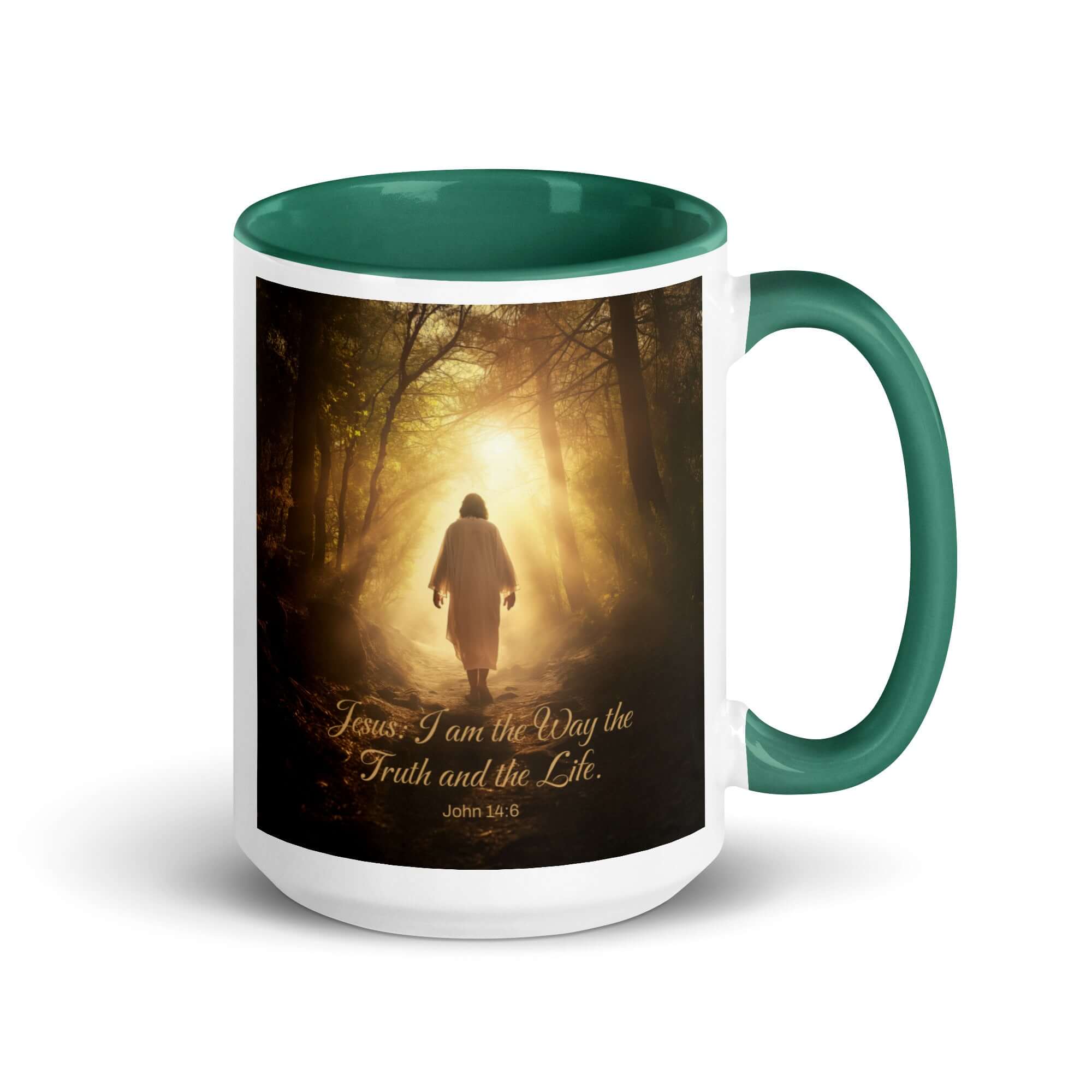 John 14:6 Bible Verse, Forest Image White Ceramic Mug with Color Inside Dark green 15 oz