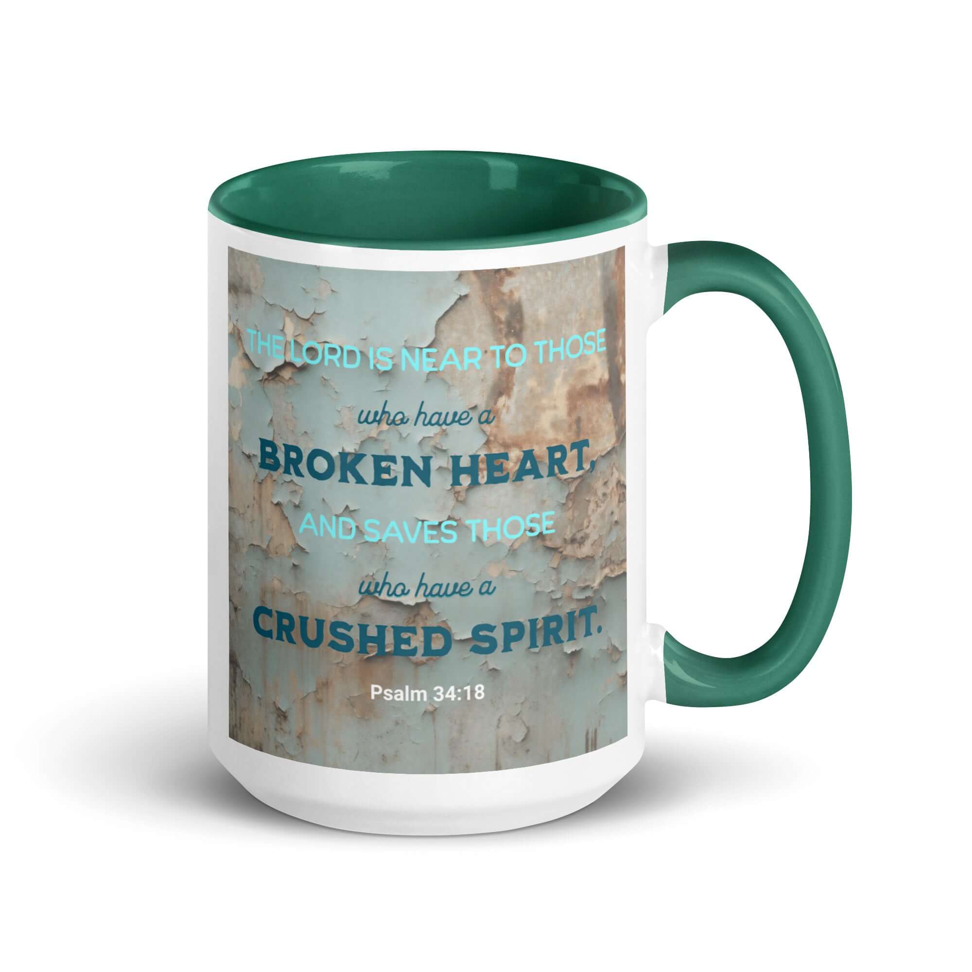 Psalm 34:18 Bible Verse, The LORD is Near White Ceramic Mug with Color Inside Dark green 15 oz