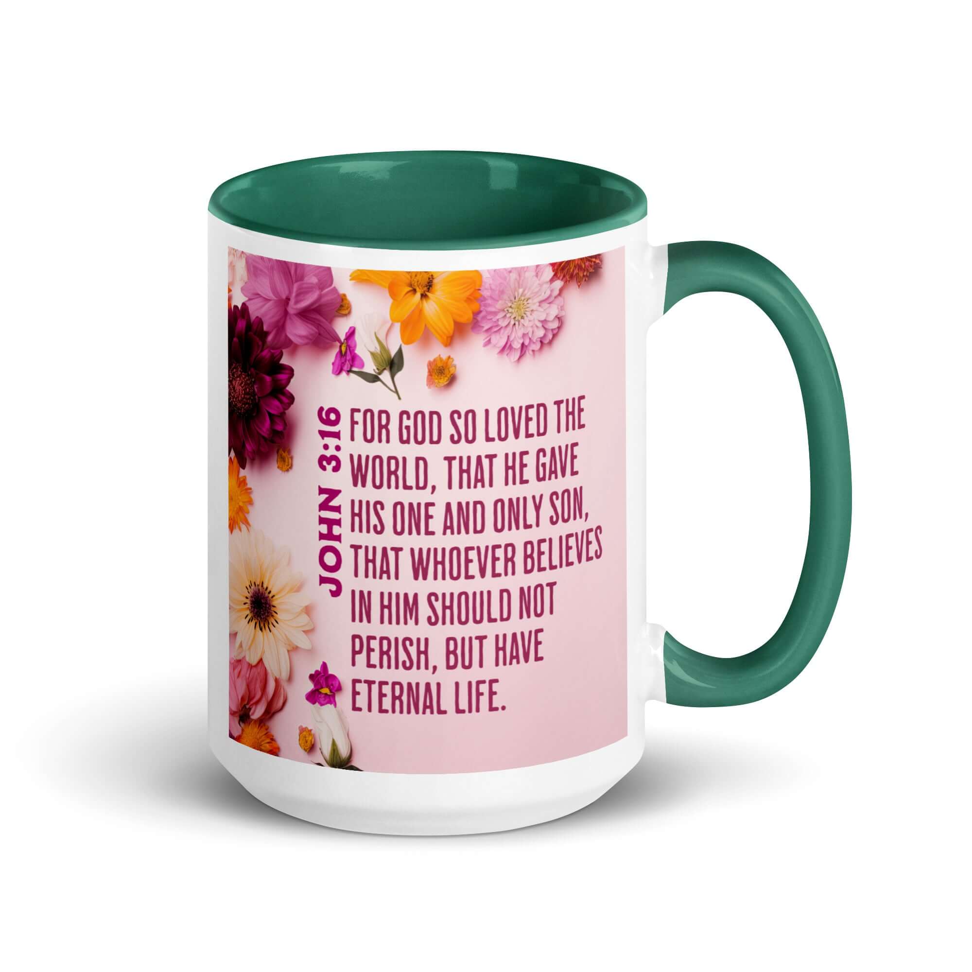 John 3:16 Bible Verse, For God So Loved White Ceramic Mug with Color Inside Dark green 15 oz