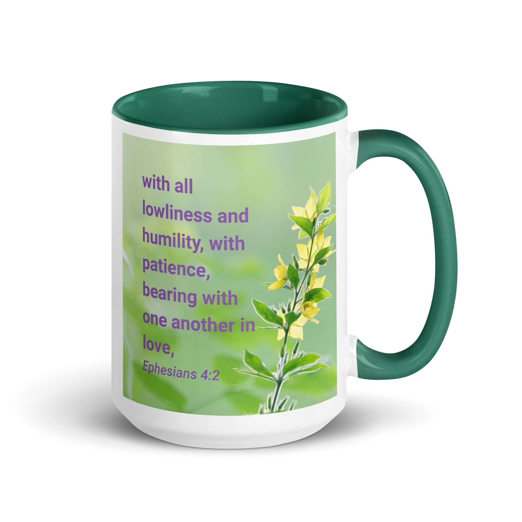 Ephesians 4:2 Bible Verse, one another in love White Ceramic Mug with Color Inside Dark green 15 oz