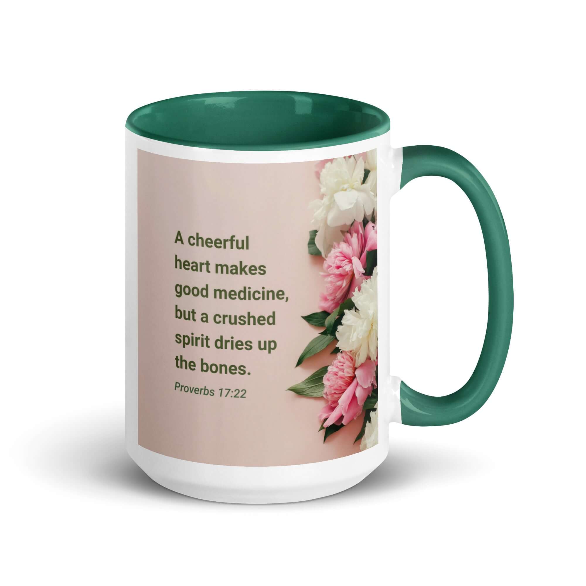 Proverbs 17:22 Bible Verse, good medicine White Ceramic Mug with Color Inside Dark green 15 oz