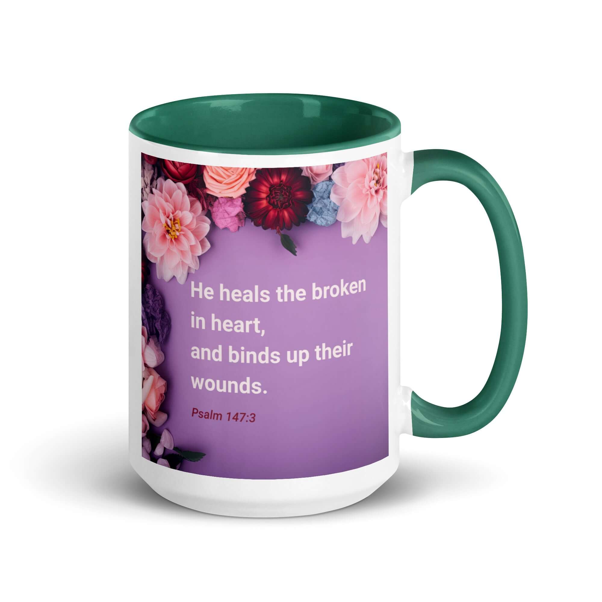 Psalm 147:3 Bible Verse, He heals the broken White Ceramic Mug with Color Inside Dark green 15 oz